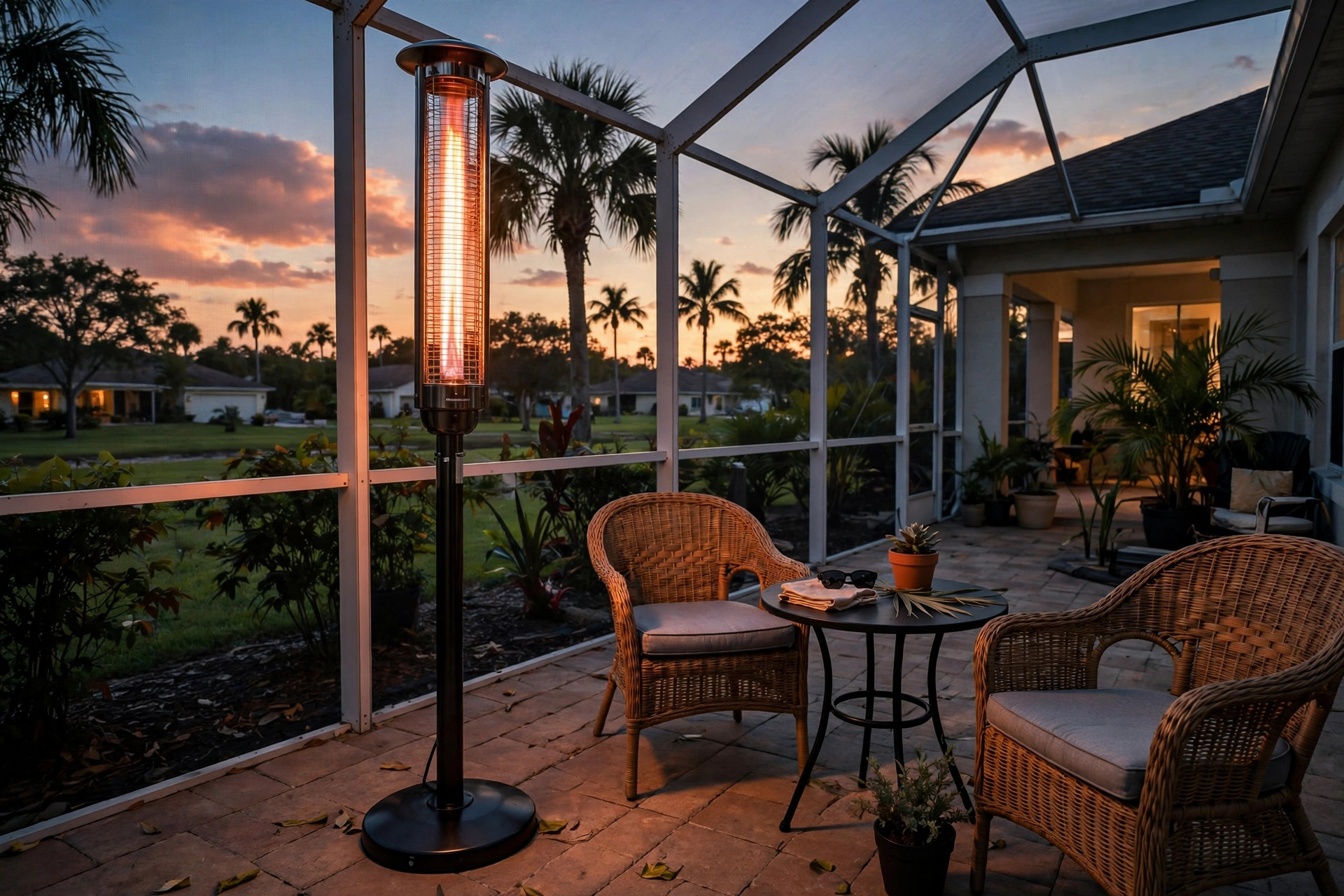 Buy infrared outdoor heaters online in florida: electric infrared patio heater warming a Florida backyard
