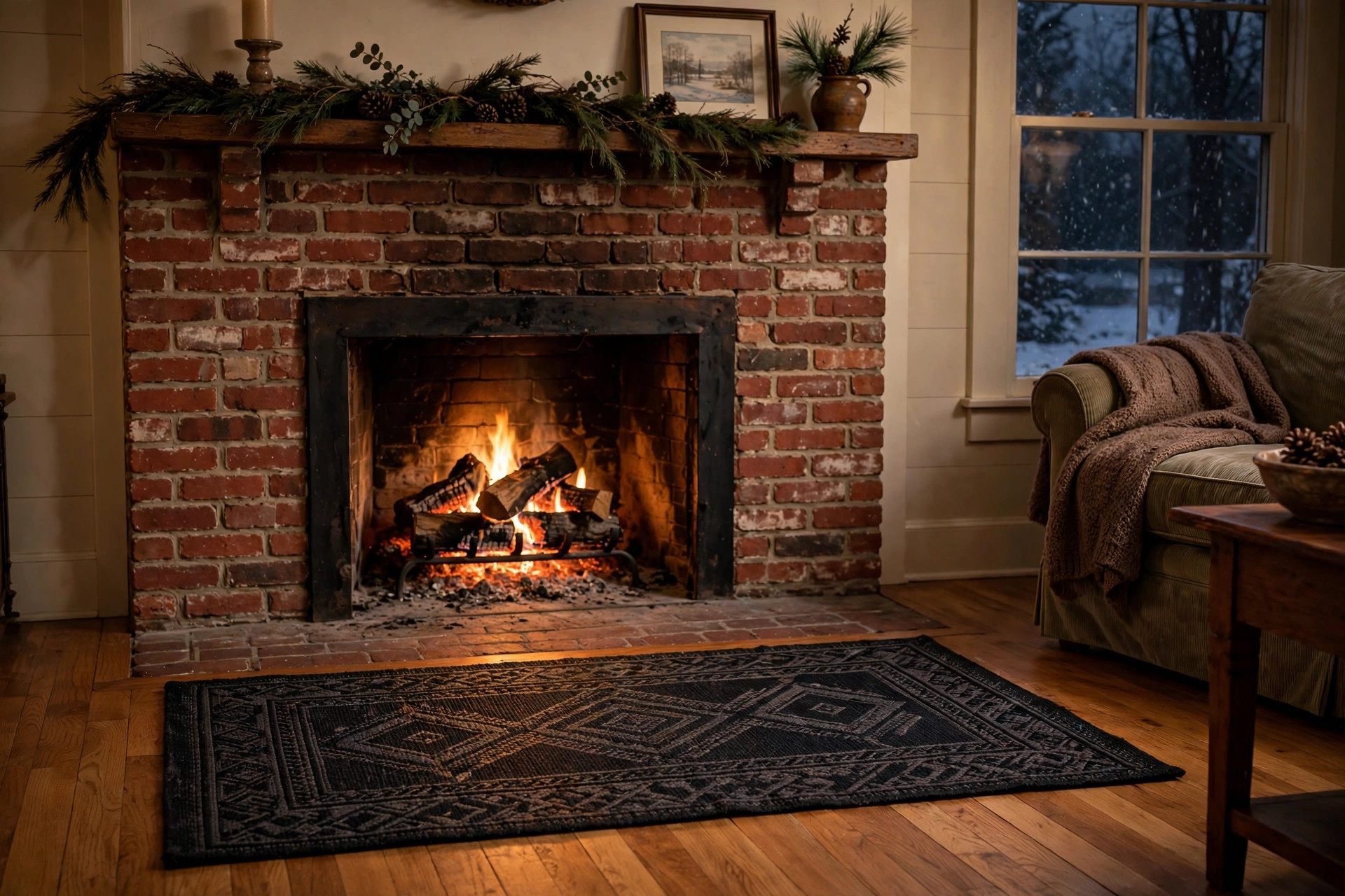Top rated fireplace hearth rugs for Midwest homes in front of a brick fireplace