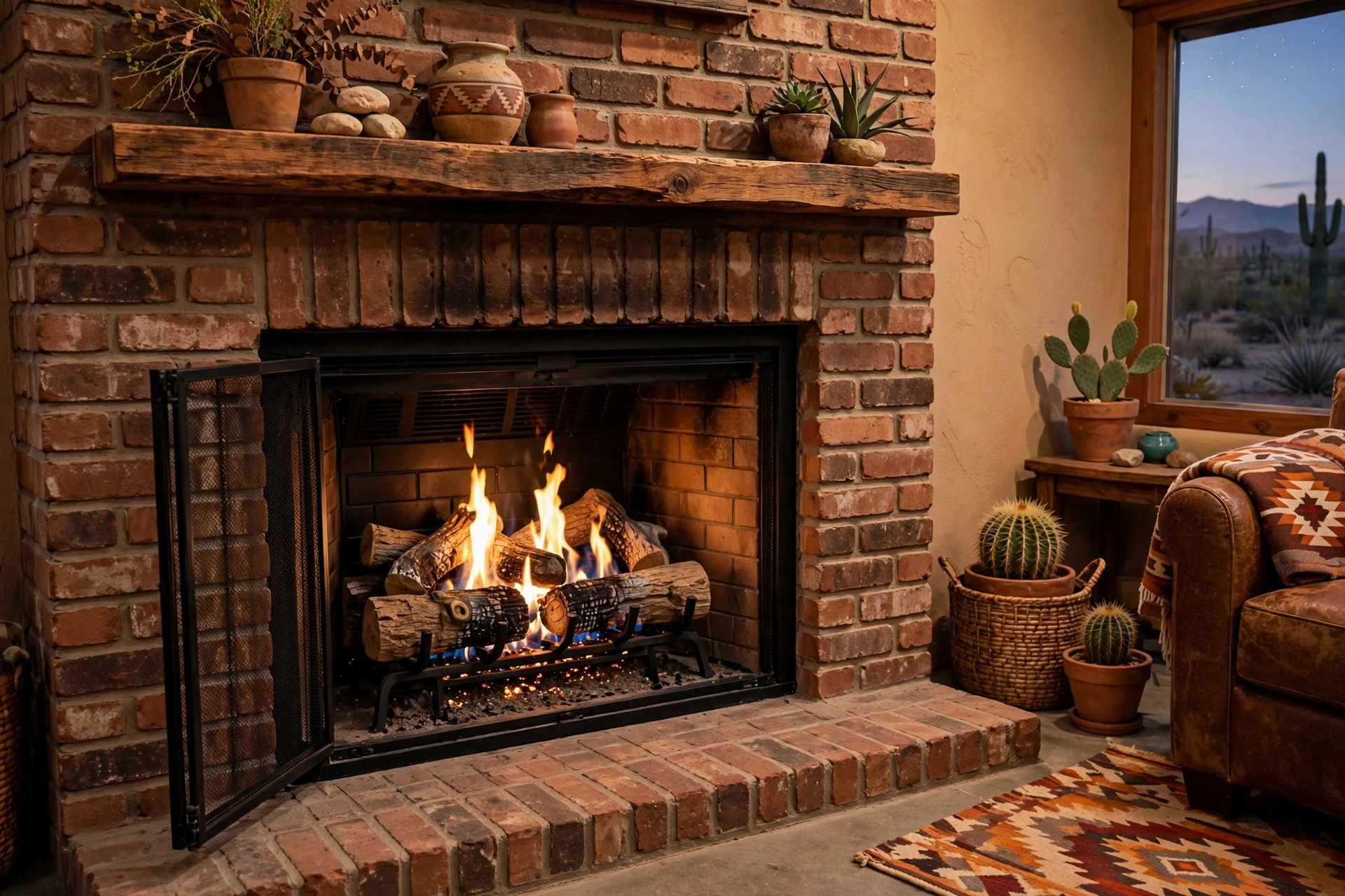 where to buy gas log sets in arizona: Vented gas log set burning inside a brick fireplace in an Arizona home