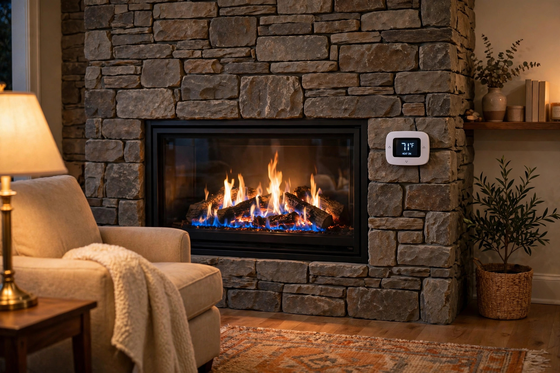 thermostat controlled gas fireplaces price comparison usa: Thermostat controlled gas fireplace warming a cozy American living room