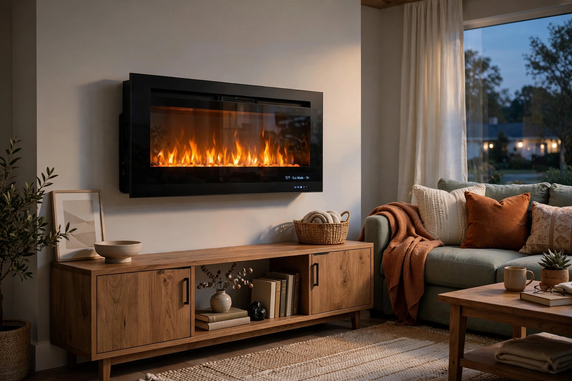 Smart smart electric fireplaces buying guide: wall-mounted electric fireplace glowing in a cozy living room