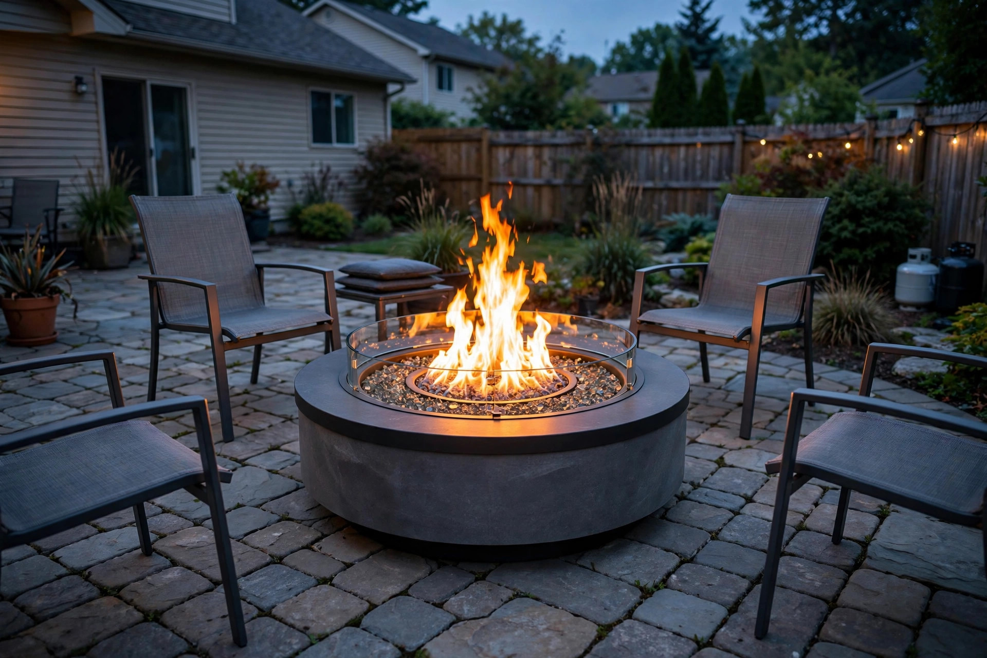 propane fire pits price comparison usa: Propane fire pit glowing in a backyard patio at dusk