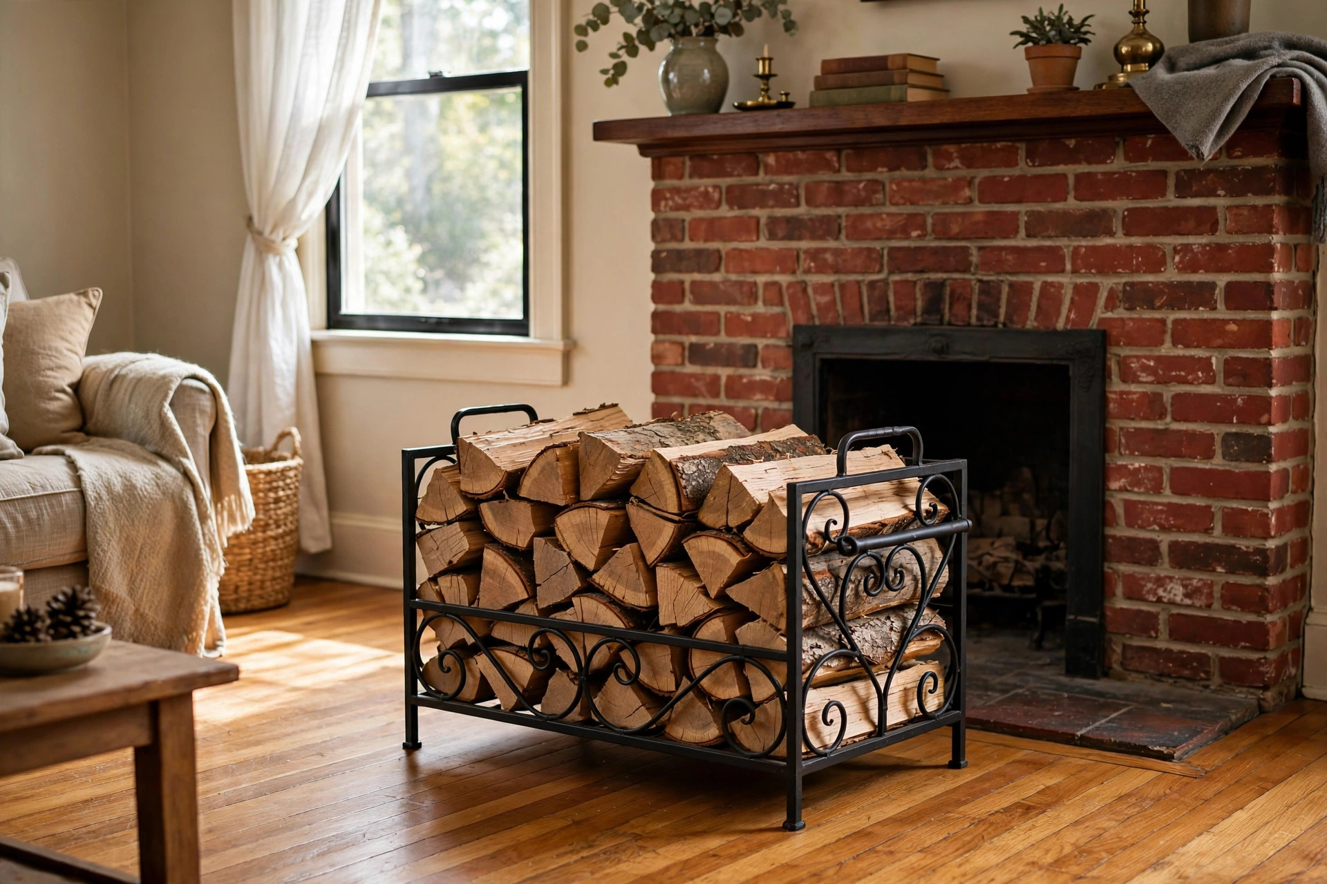buy indoor firewood holders online in california: Indoor firewood log holder next to a brick fireplace in a California home