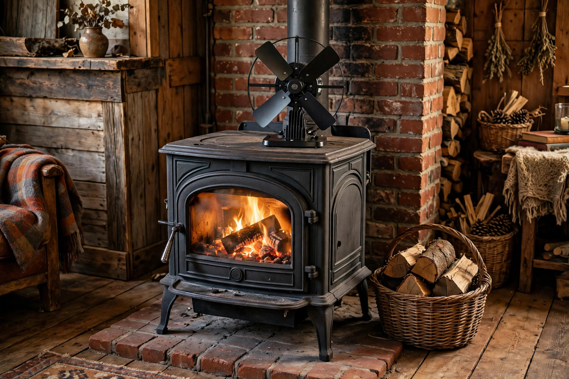 heat powered stove fans price comparison usa: A heat powered stove fan with black blades on top of a wood burning stove in a rustic American living room