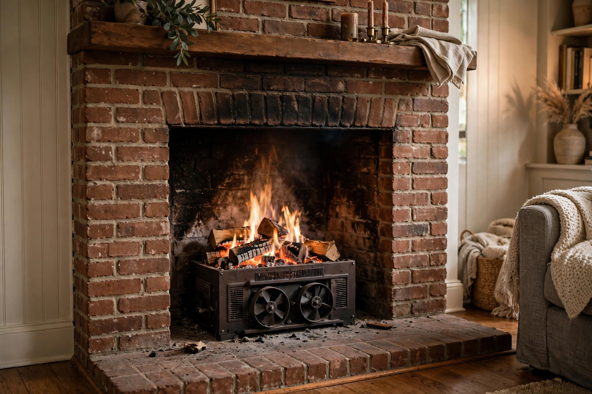 high efficiency fireplace blowers and fans for sale: High efficiency fireplace blower and fan inside a real American fireplace