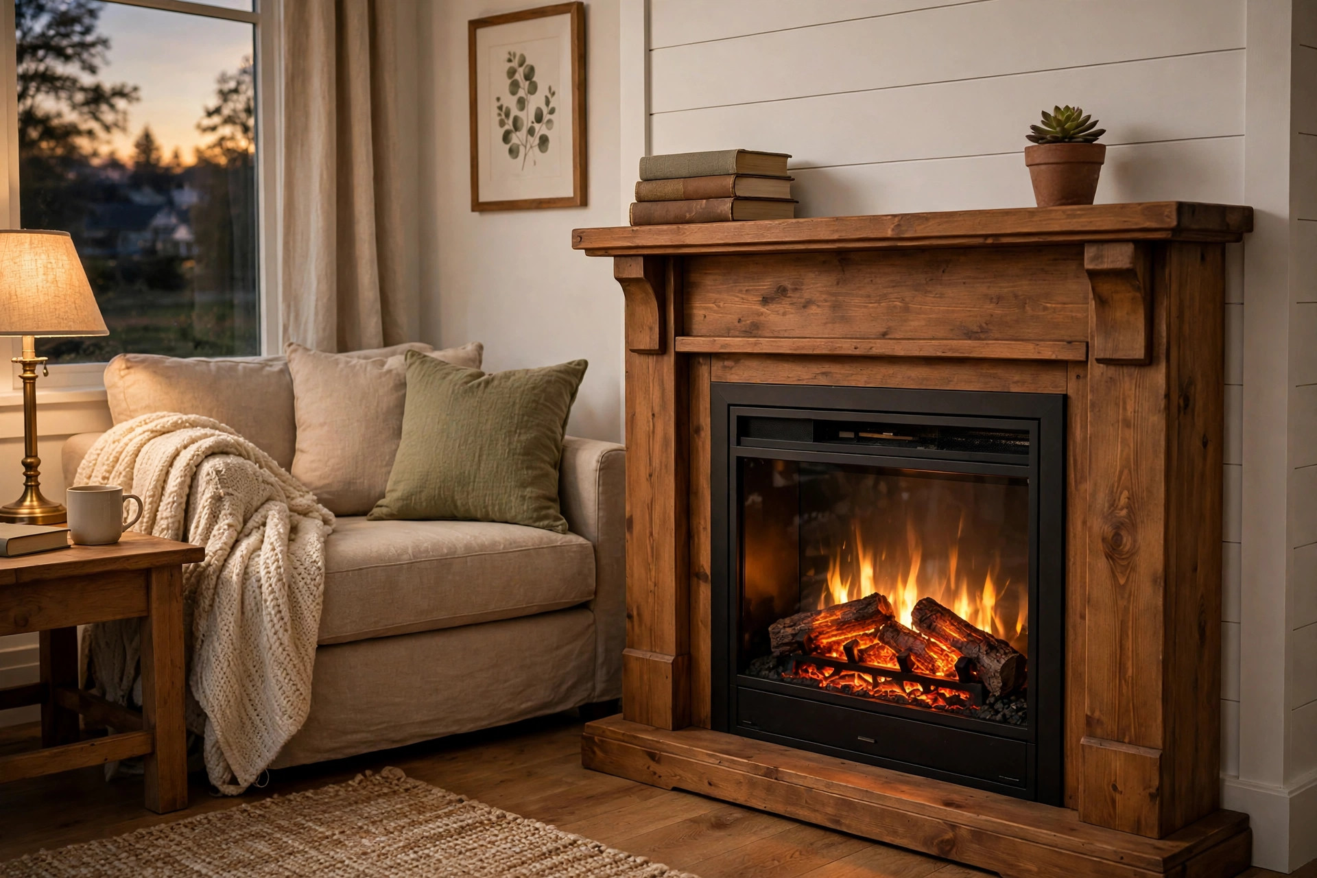 Electric fireplace mantel in a living room, focus keyword where to buy electric fireplace mantels in arizona