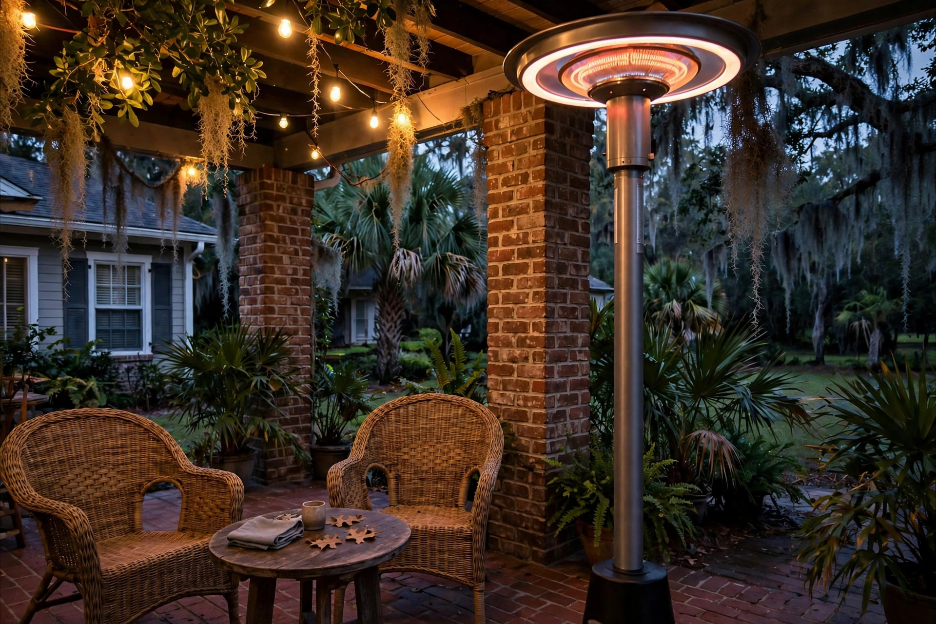 top rated electric patio heaters for southern states: A freestanding electric patio heater glowing warmly on a covered brick patio at a southern home