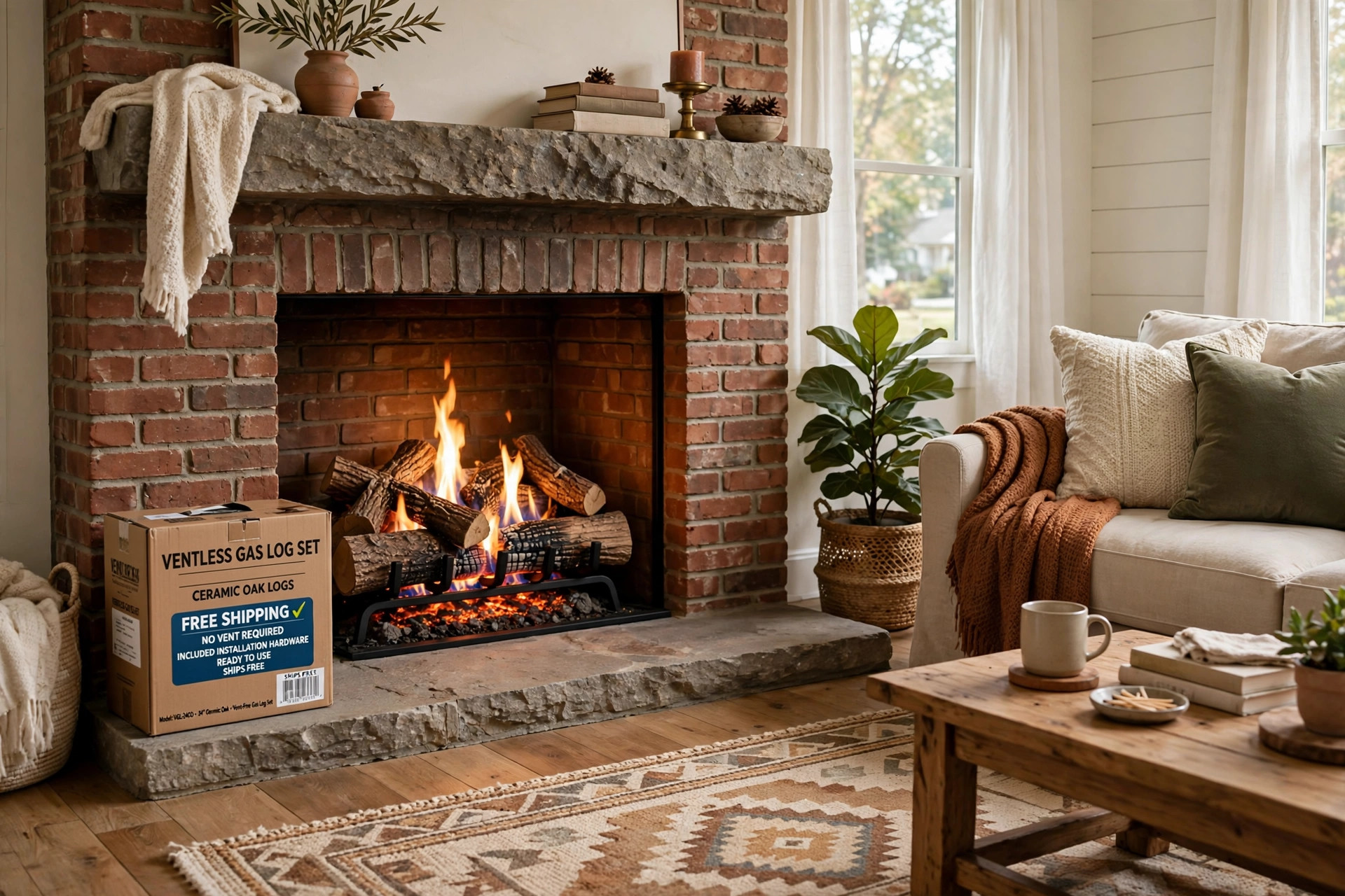 ventless vented gas log sets with free shipping: Ventless and vented gas log sets with free shipping shown burning in a living room fireplace