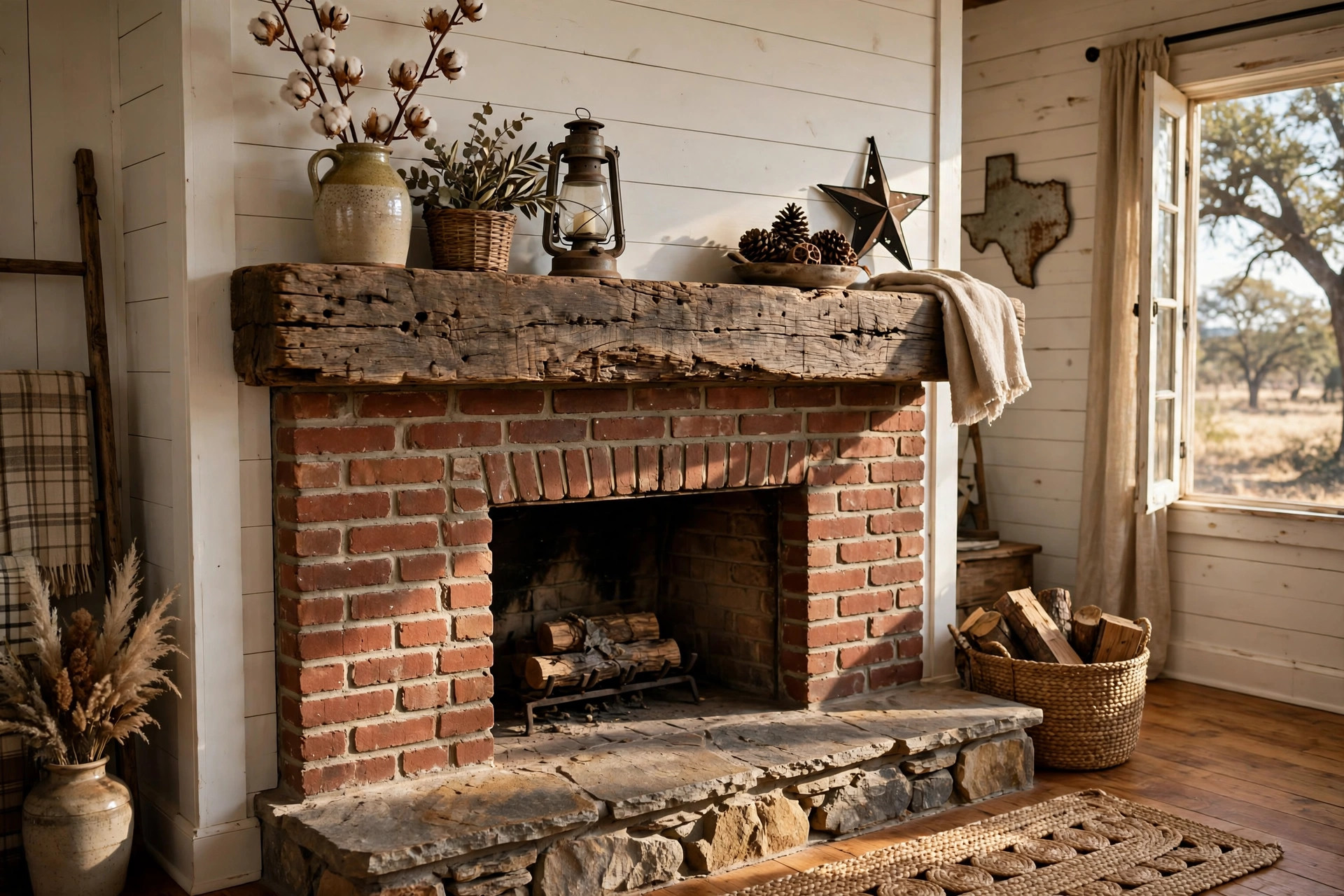 where to buy reclaimed wood mantels in texas: Reclaimed wood mantel above a brick fireplace in a Texas home