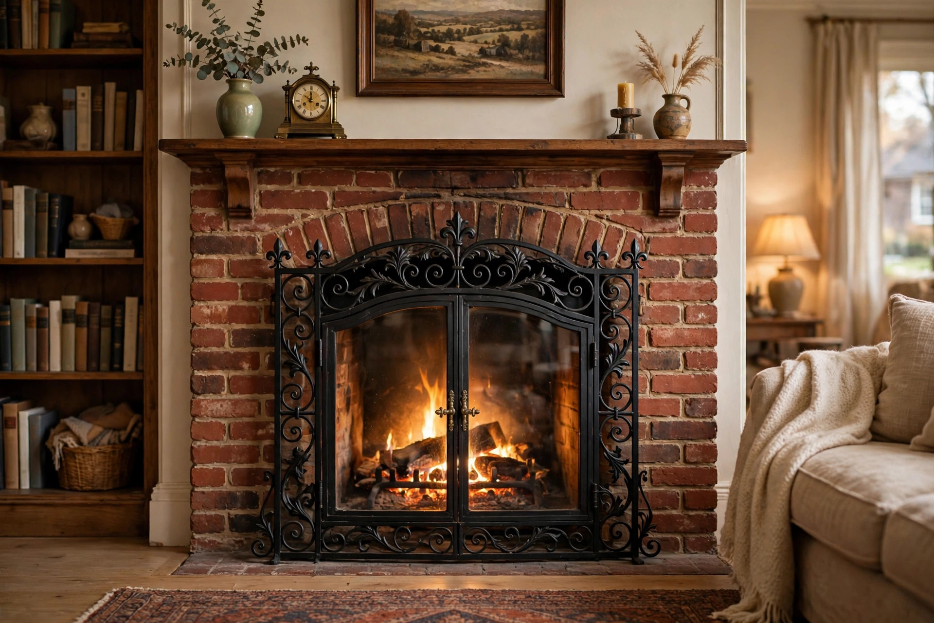 Black wrought iron fireplace screen with glass doors on a brick fireplace showing the best fireplace screens with doors for southern states