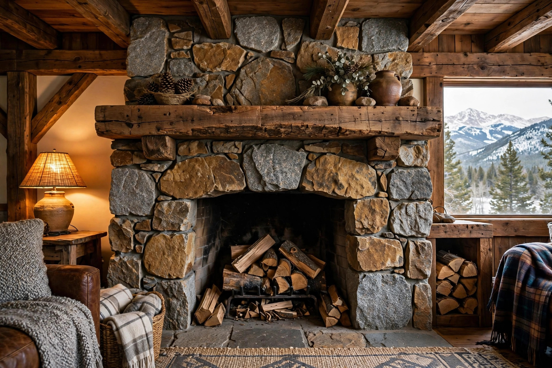 buy stone fireplace surrounds online in colorado: Natural stone fireplace surround in a Colorado living room