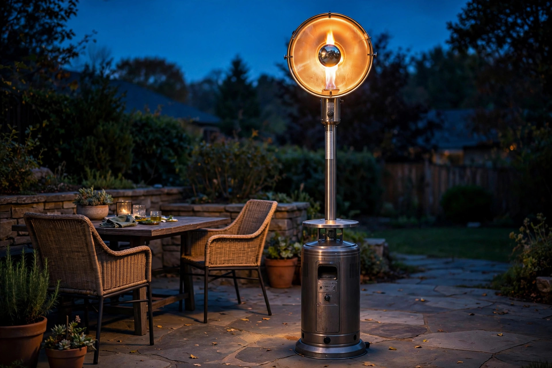 ventless propane patio heaters with free shipping: Ventless propane patio heater warming an outdoor patio at dusk