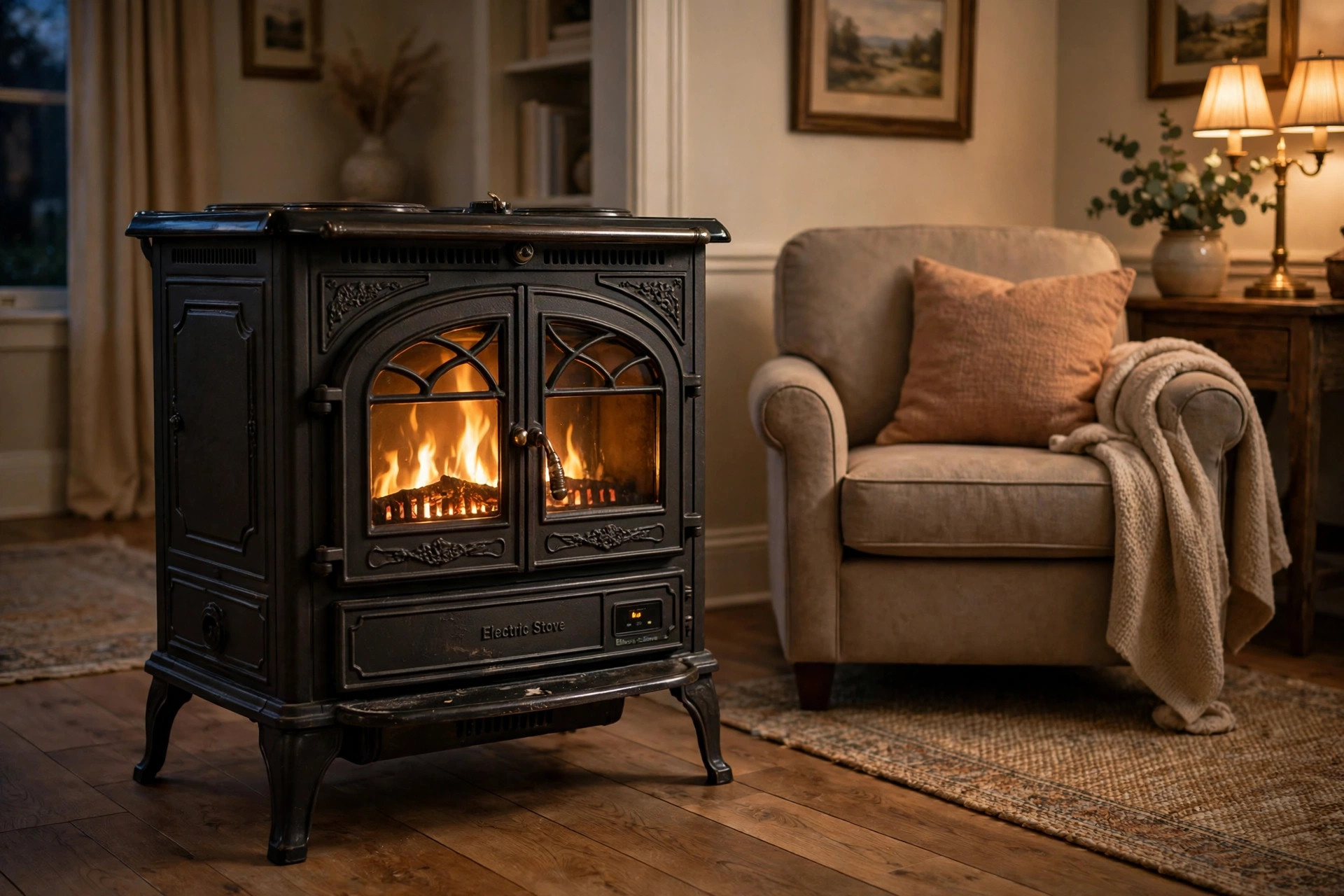 buy freestanding electric stoves online in the usa: Freestanding electric stove glowing in an American living room