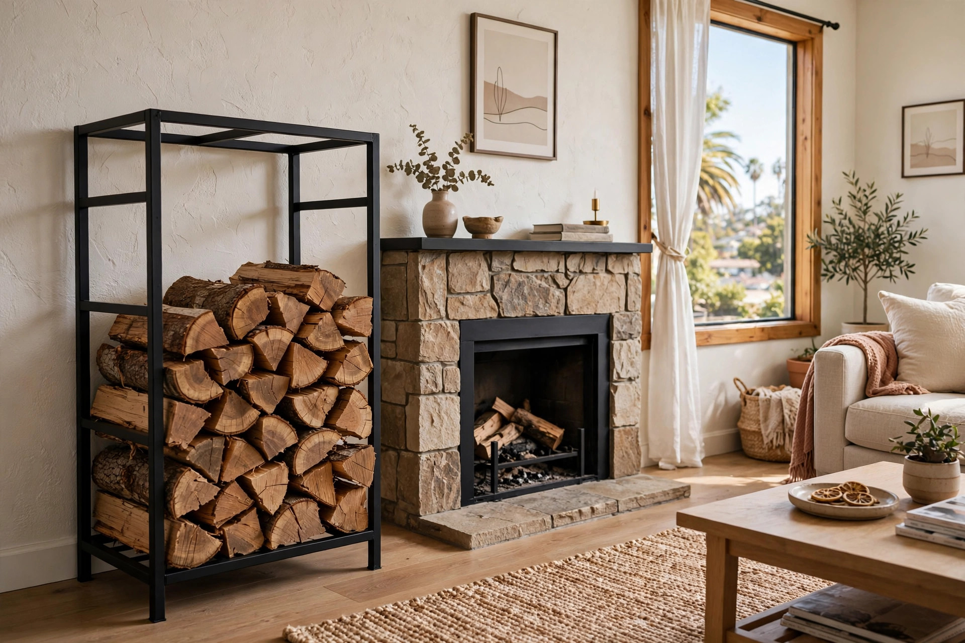 best firewood storage racks for california apartments: Firewood storage rack beside a fireplace in a California apartment living room