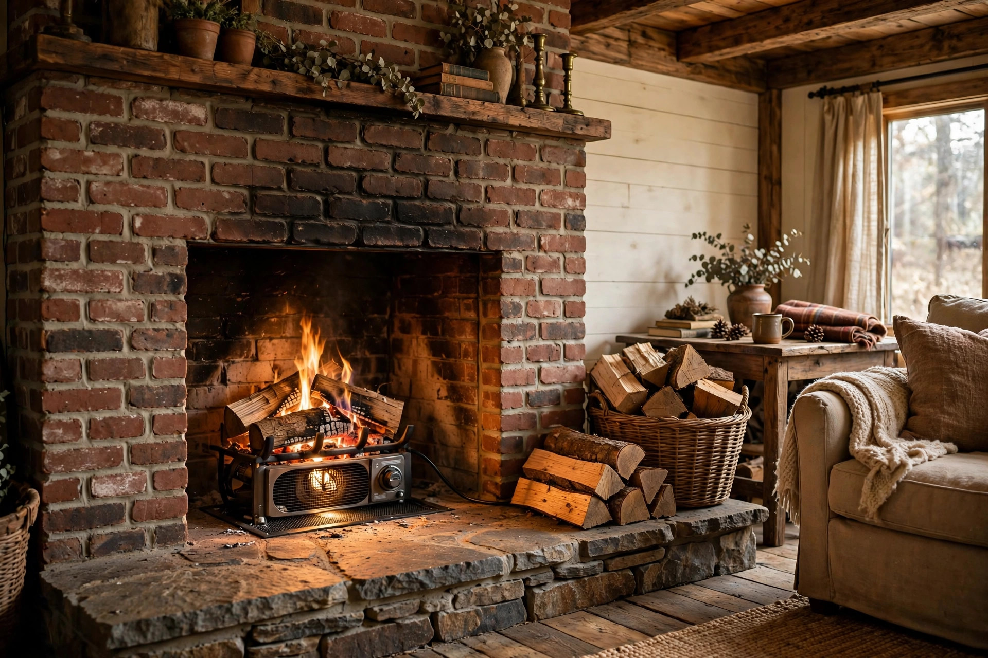 buy fireplace blowers and fans online in texas: Fireplace blower and fan kit installed beneath a wood-burning fireplace in a Texas home