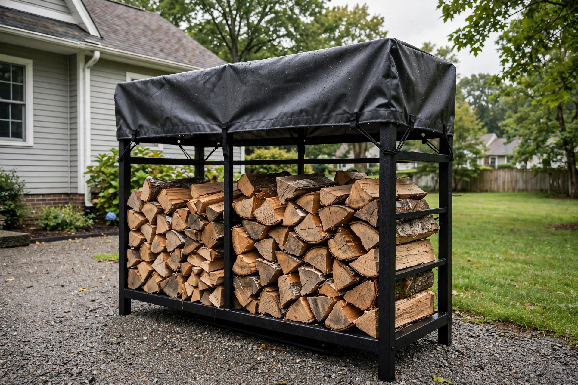 Firewood storage rack holding split logs on a patio, shown for top rated firewood storage racks for humid climates