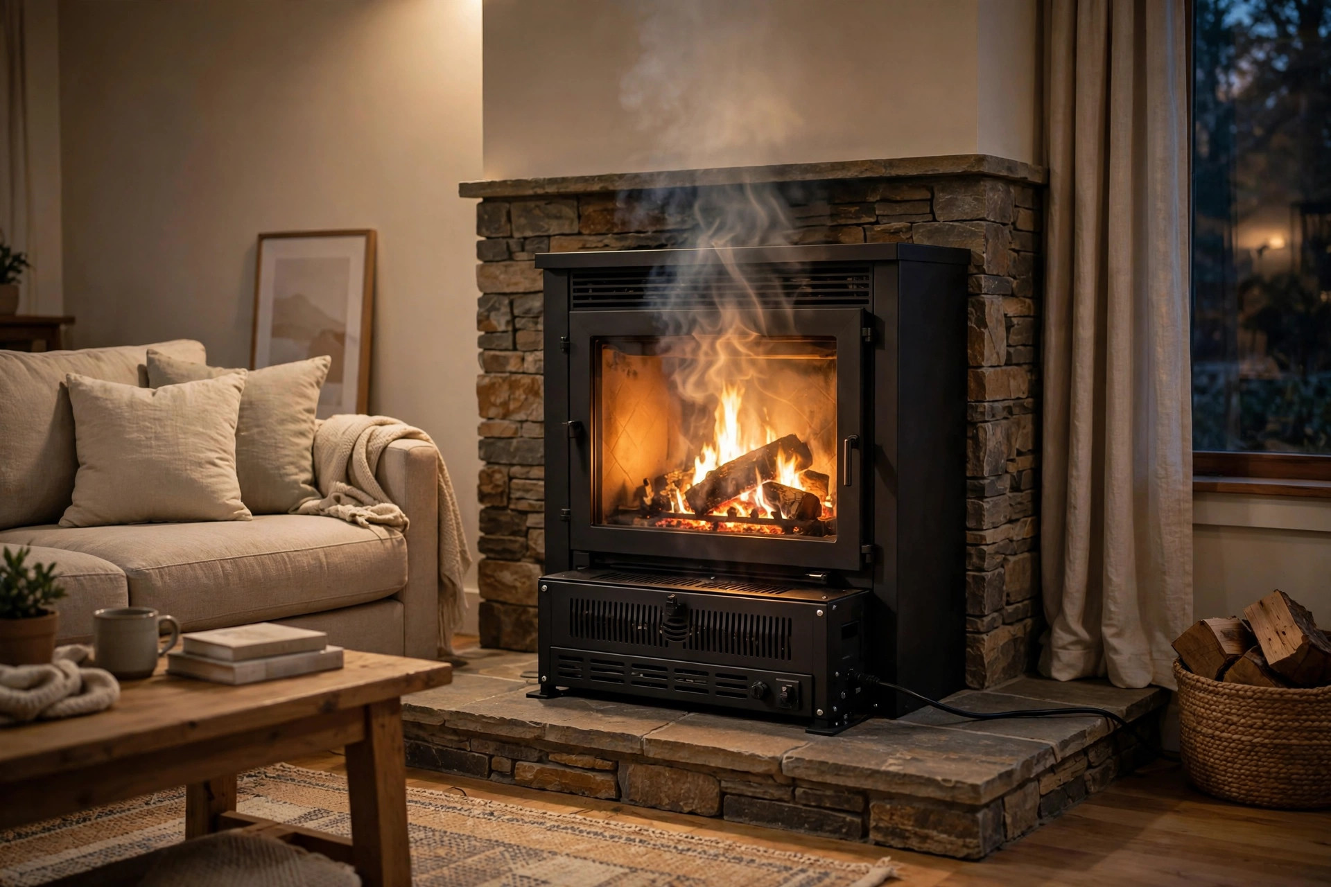 A wood fireplace insert with a built-in blower fan in a California apartment living room, the best fireplace blowers and fans for california apartments shown heating the room