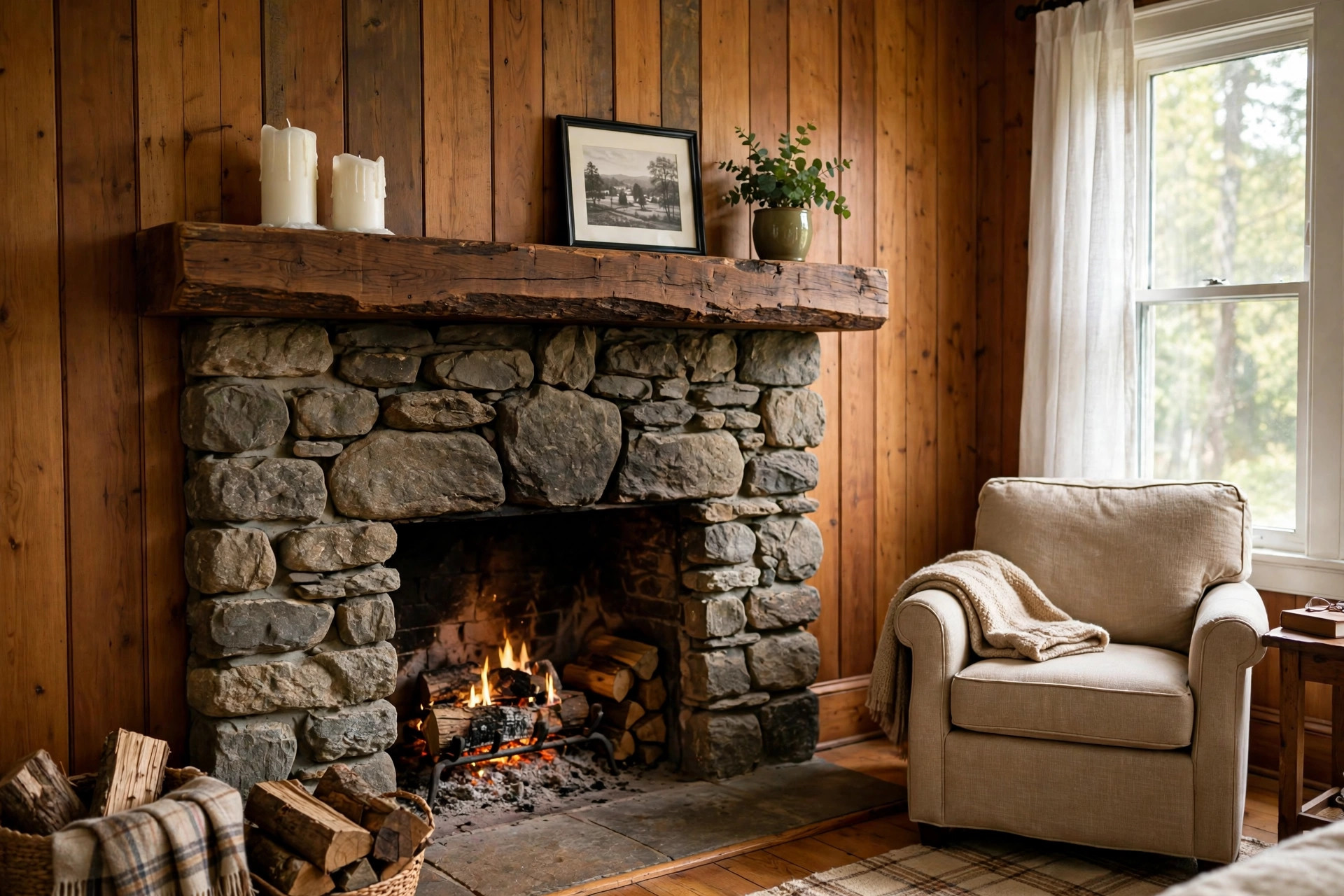 best floating fireplace mantels for new england homes: Floating wooden mantel above a fireplace in a New England home