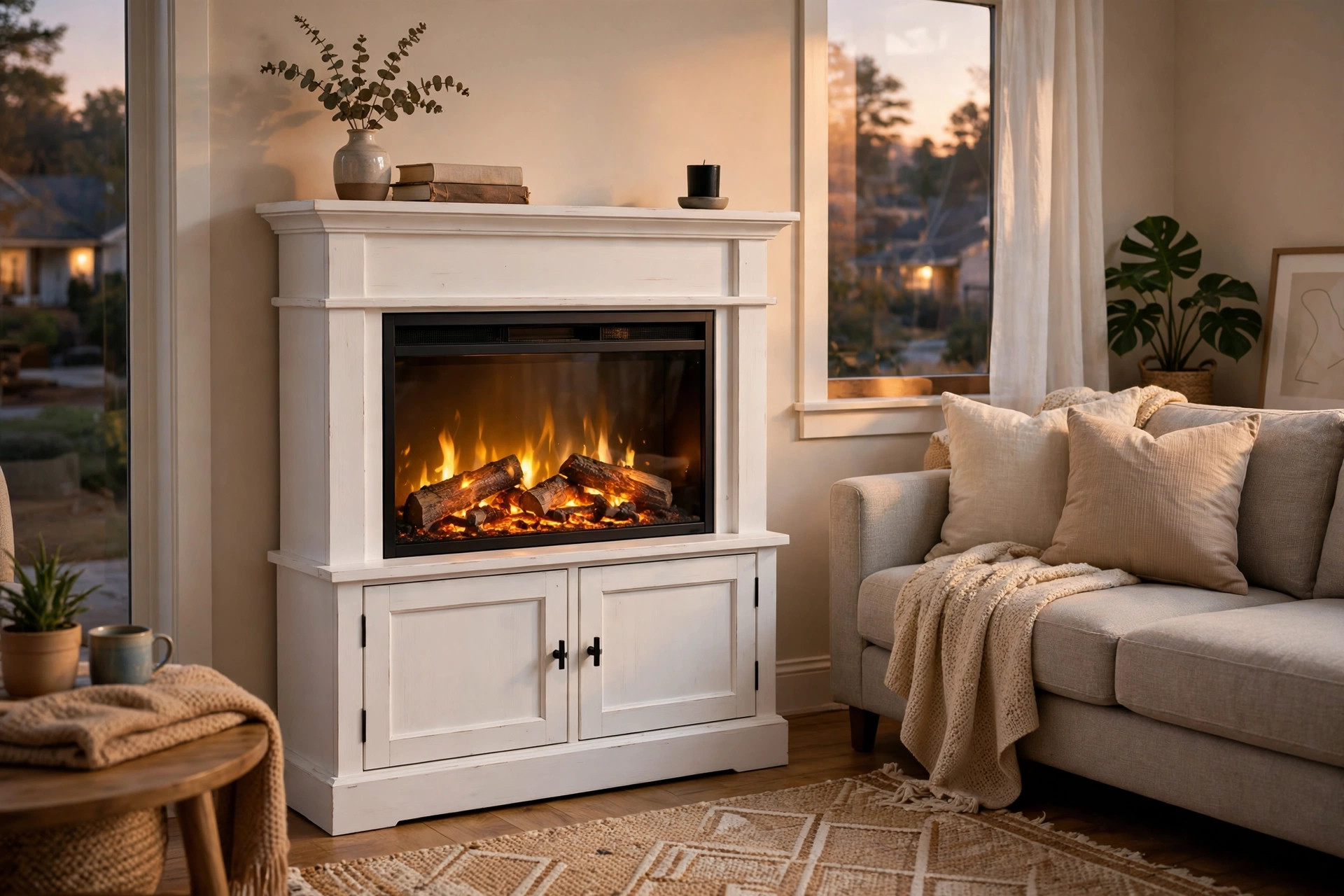 affordable electric fireplace mantels with free shipping: affordable electric fireplace mantel with free shipping in an American living room