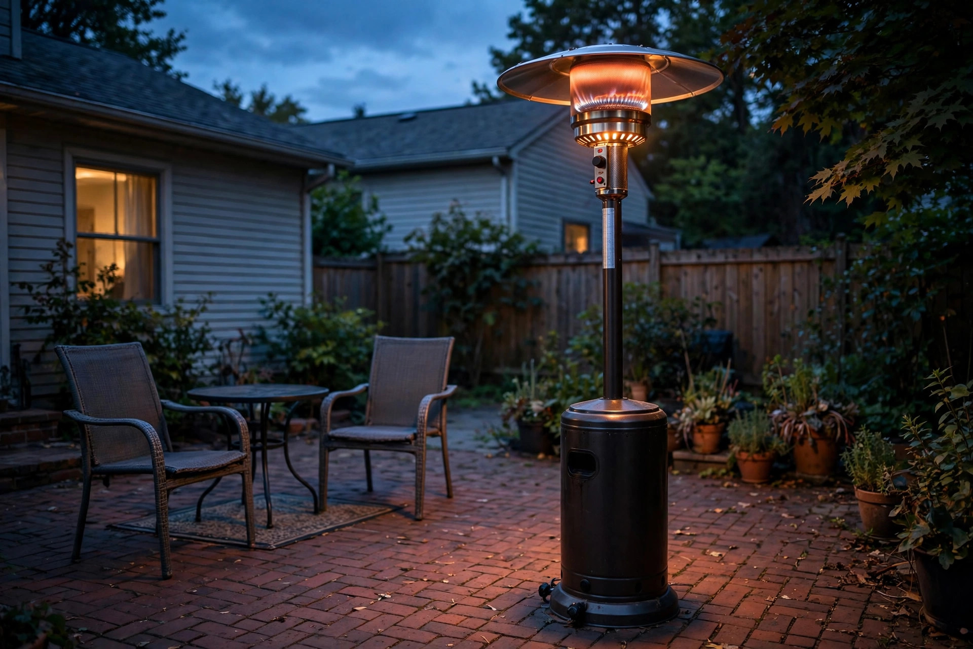 affordable outdoor patio heaters for sale: Affordable outdoor patio heater warming a backyard patio at dusk