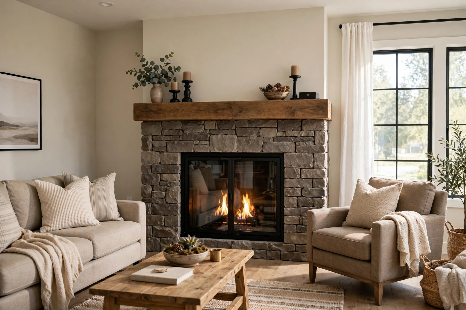 A newly installed stone gas fireplace glowing warmly in an American living room, best fireplace installation services near me