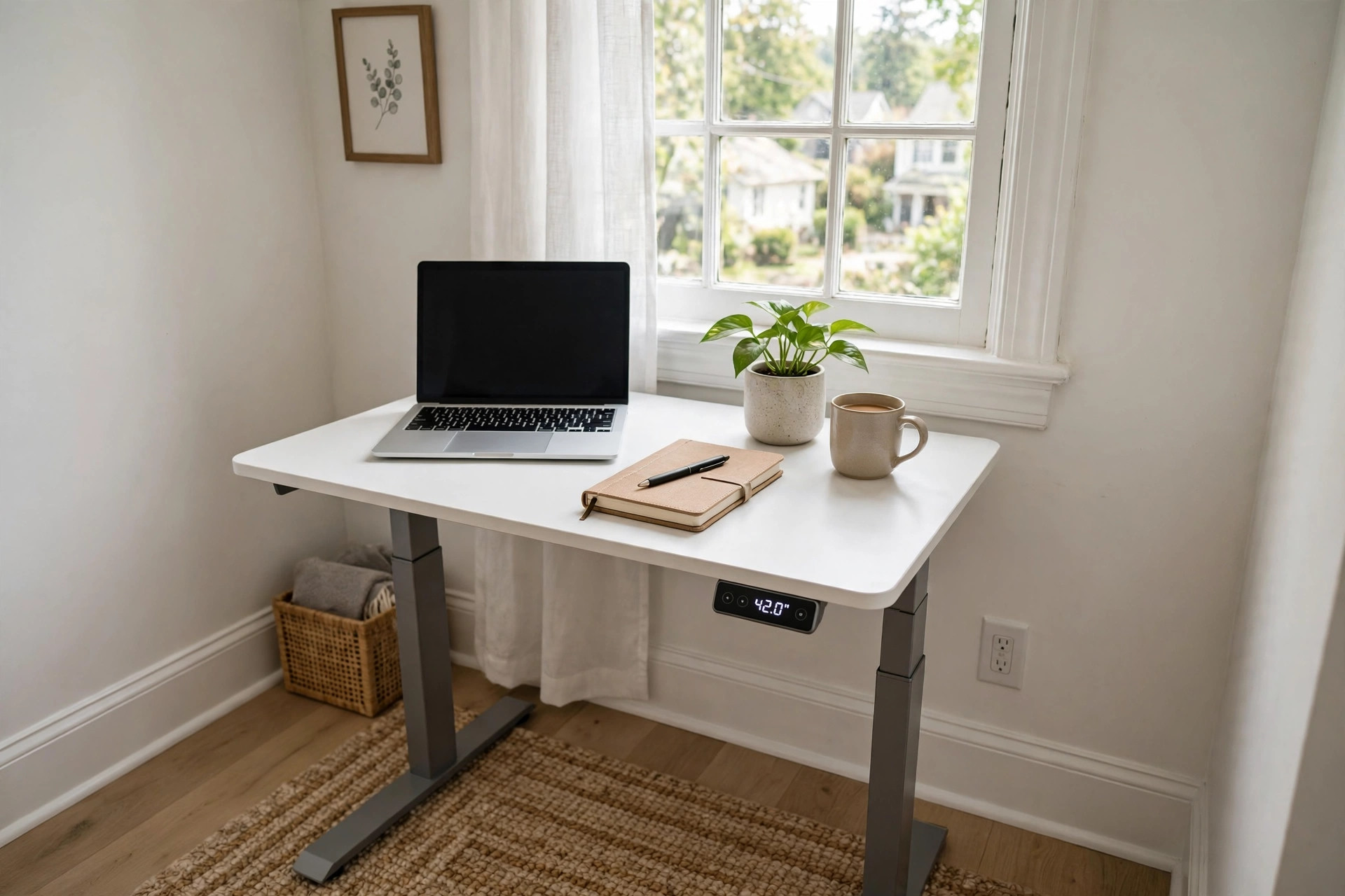 ergonomic standing desk for small home office: A compact ergonomic standing desk in a small home office with natural light