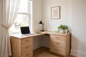 A Small Corner Desk with Drawers for Apartment Office Work
