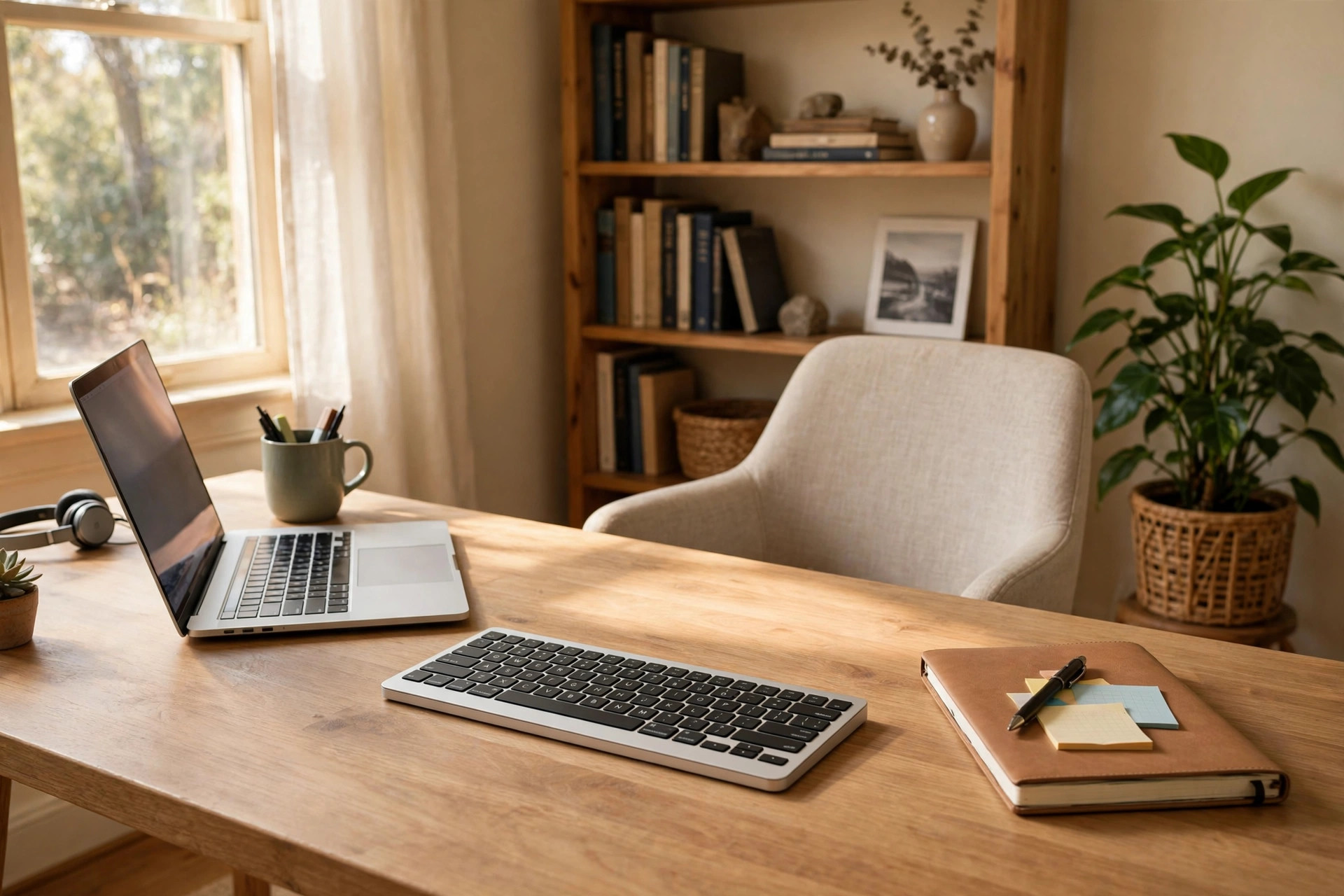 A quiet keyboard for shared home office space on a tidy wooden desk