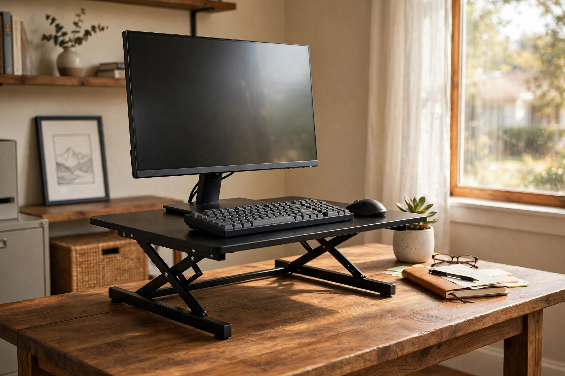 adjustable height desk converter for existing table: An adjustable height desk converter on an existing wooden table in a bright home office