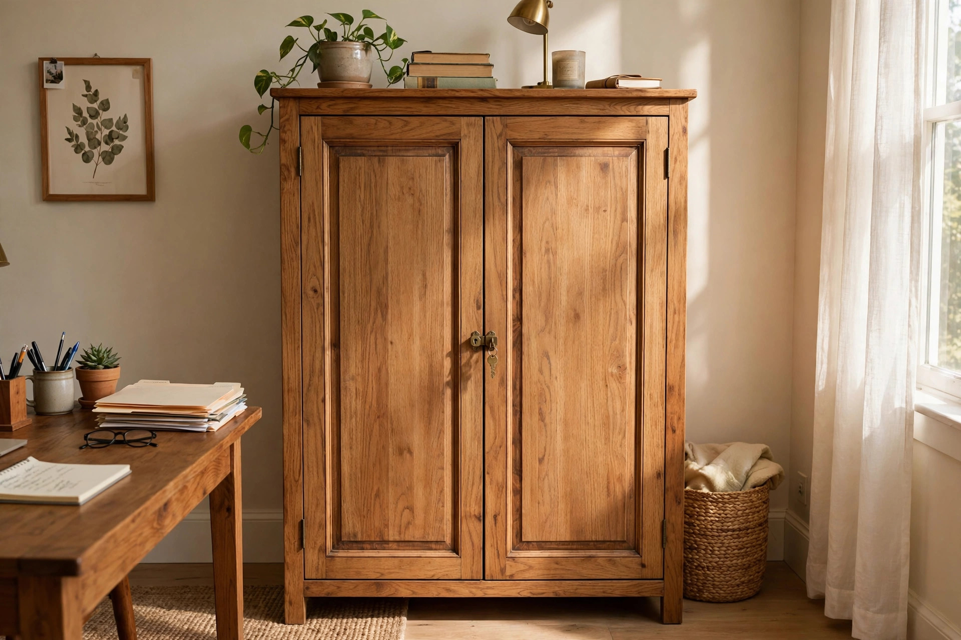 Home office storage cabinet with locking doors in a tidy American home office