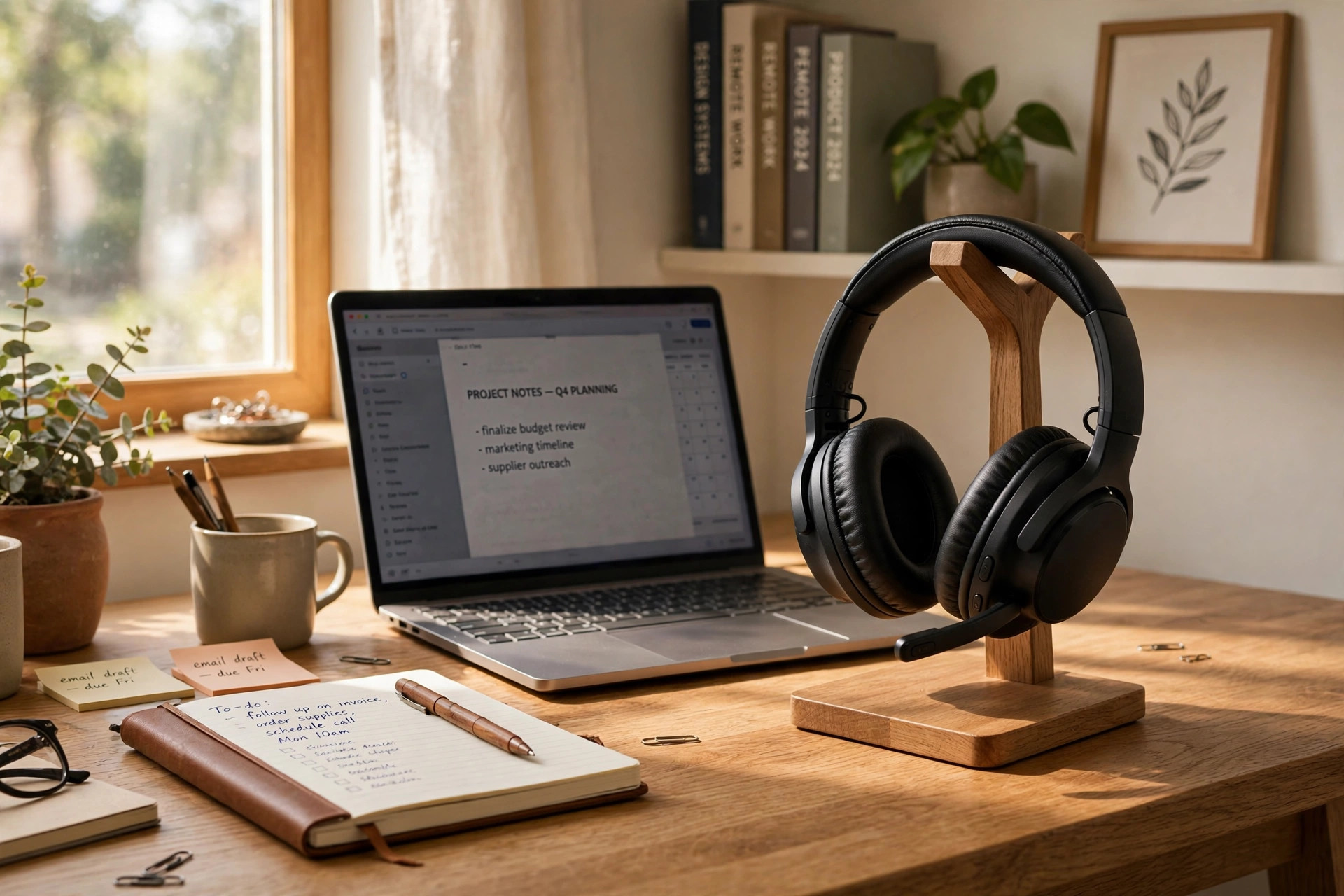 A noise cancelling headset for home office meetings resting on a wooden desk stand next to a laptop