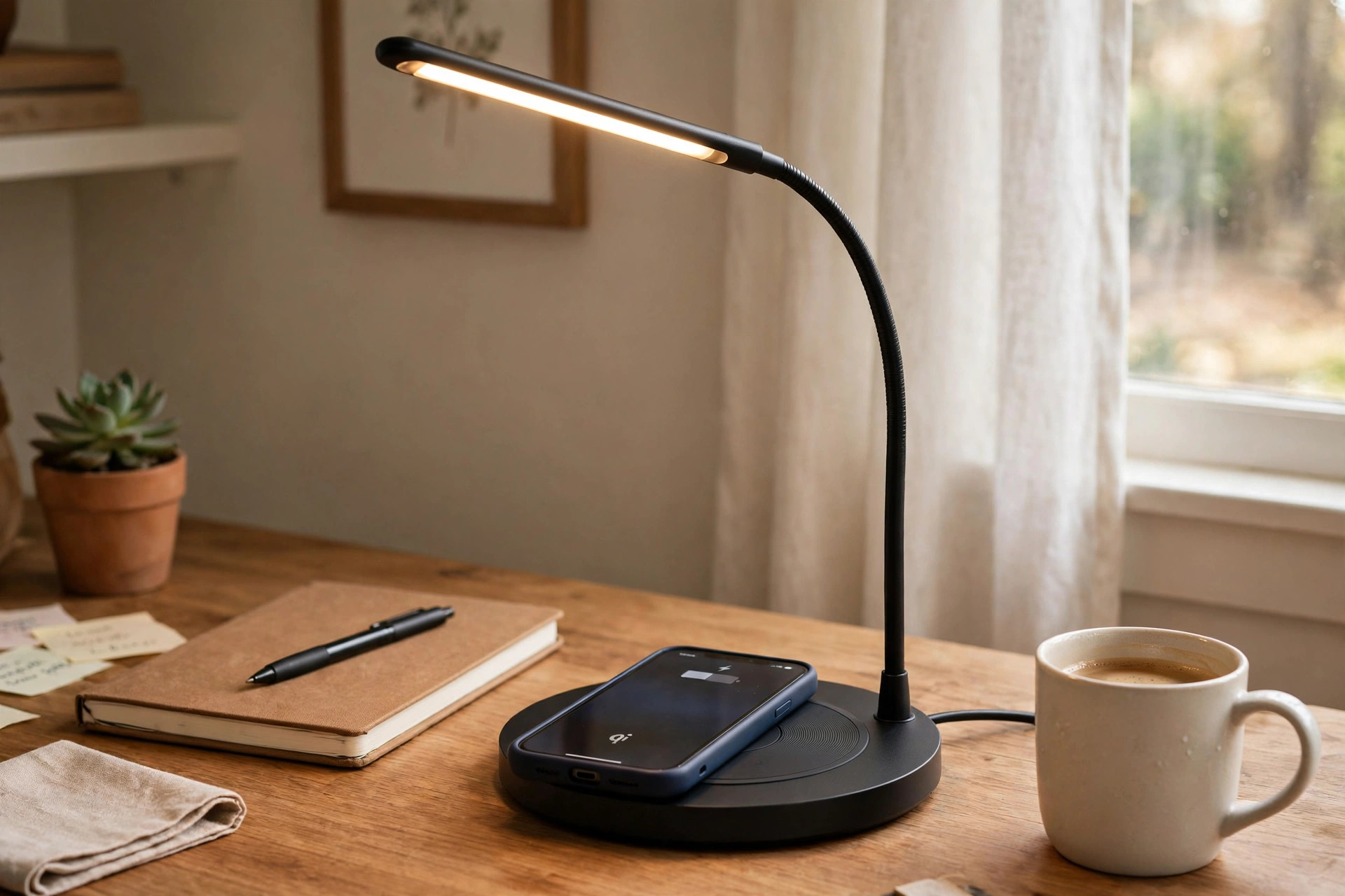 LED desk lamp with wireless charging base on a home office desk