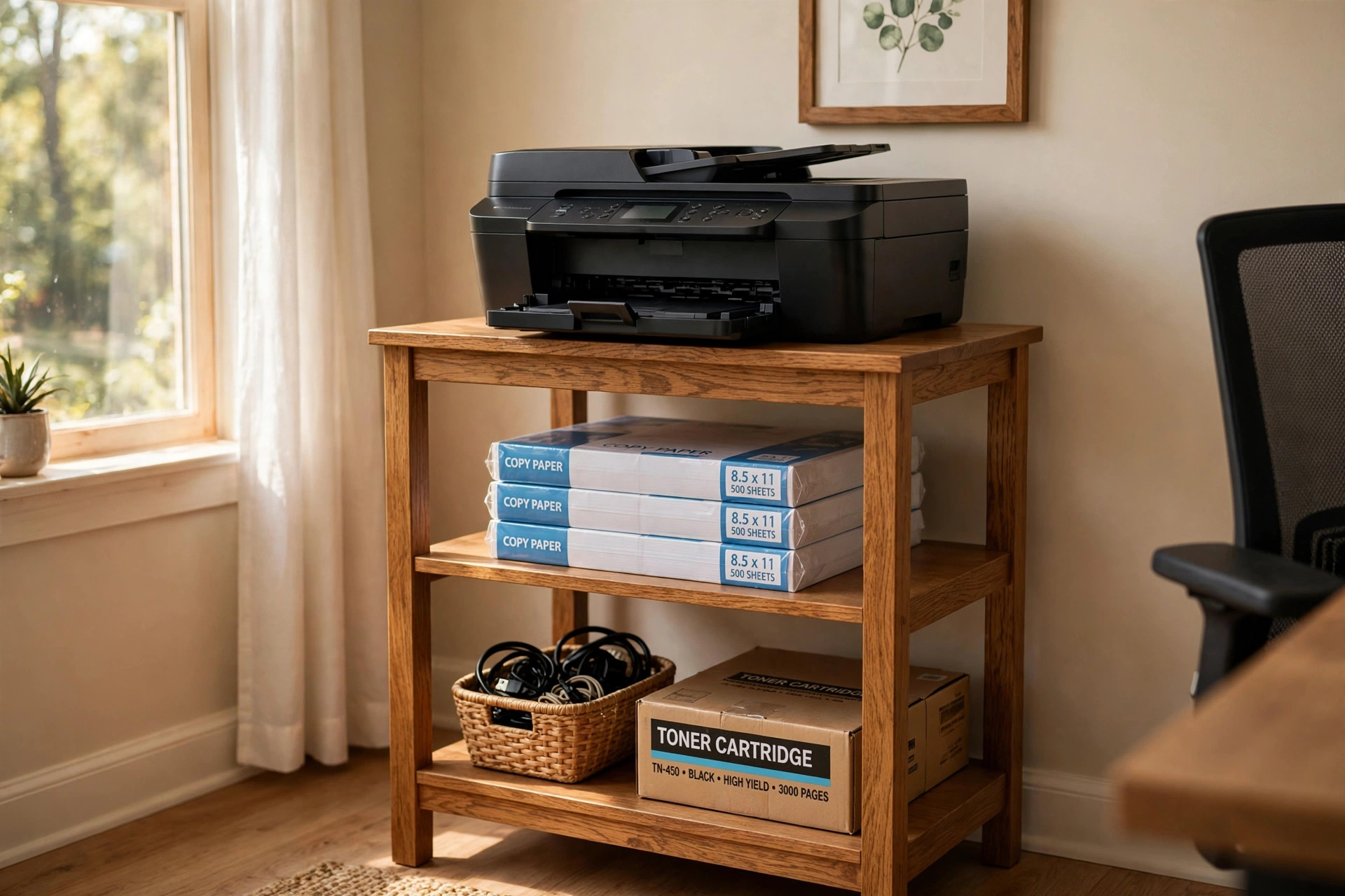 Best printer stand with storage for home office in a tidy workspace