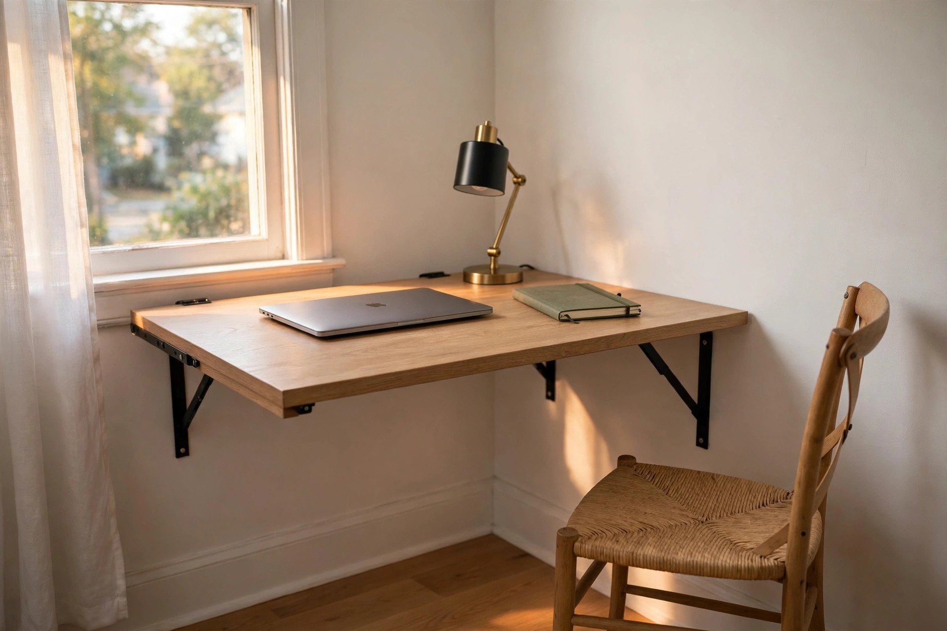 Wall mounted fold down desk for small spaces set up in a small apartment office
