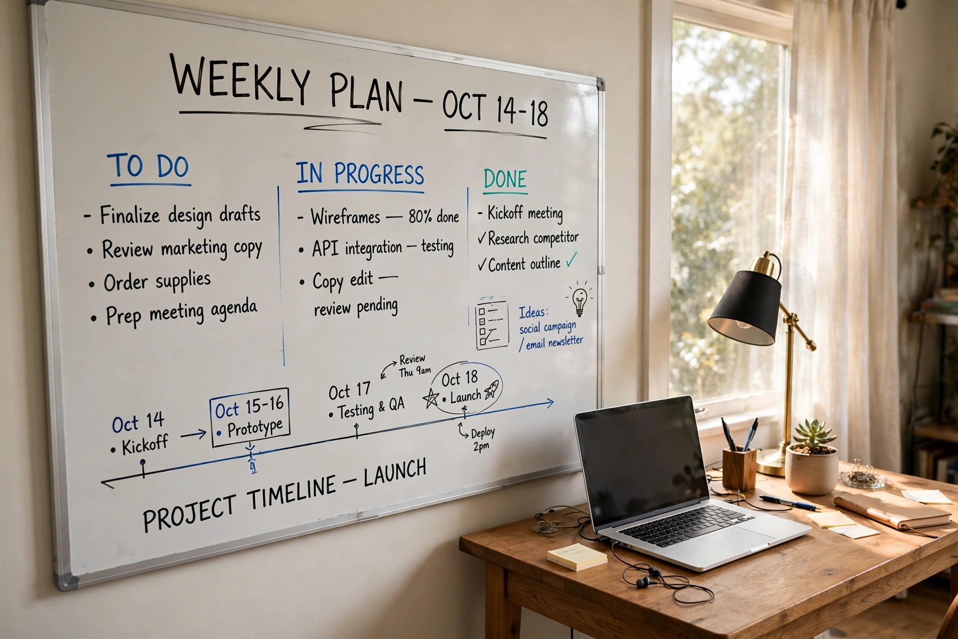 home office whiteboard for remote team planning mounted on a wall in a bright home office