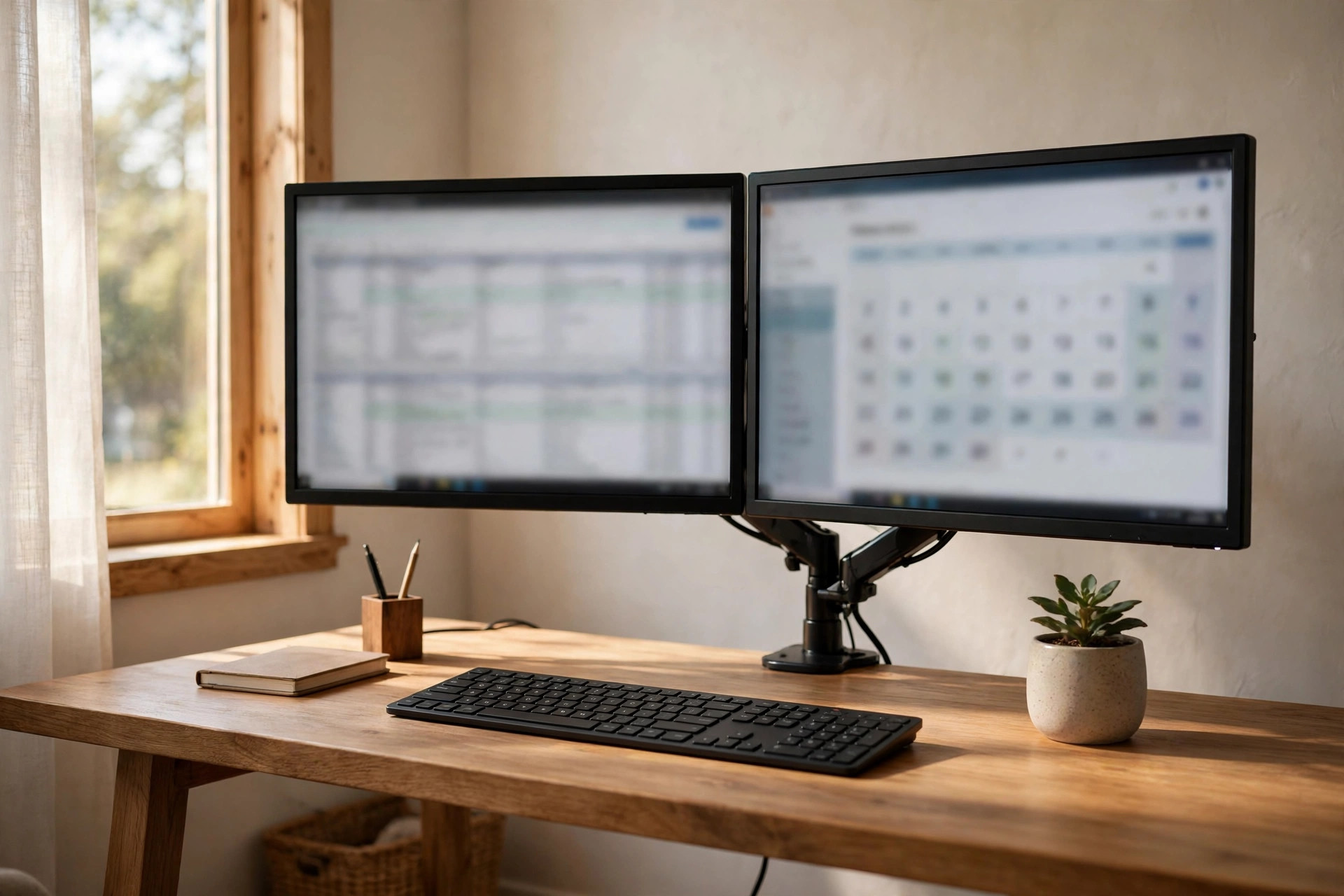 Two monitors held by an adjustable monitor arm for dual screen setup