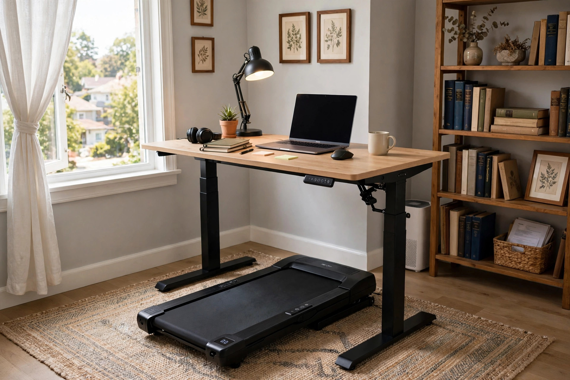 A compact treadmill desk for walking while working in a home office