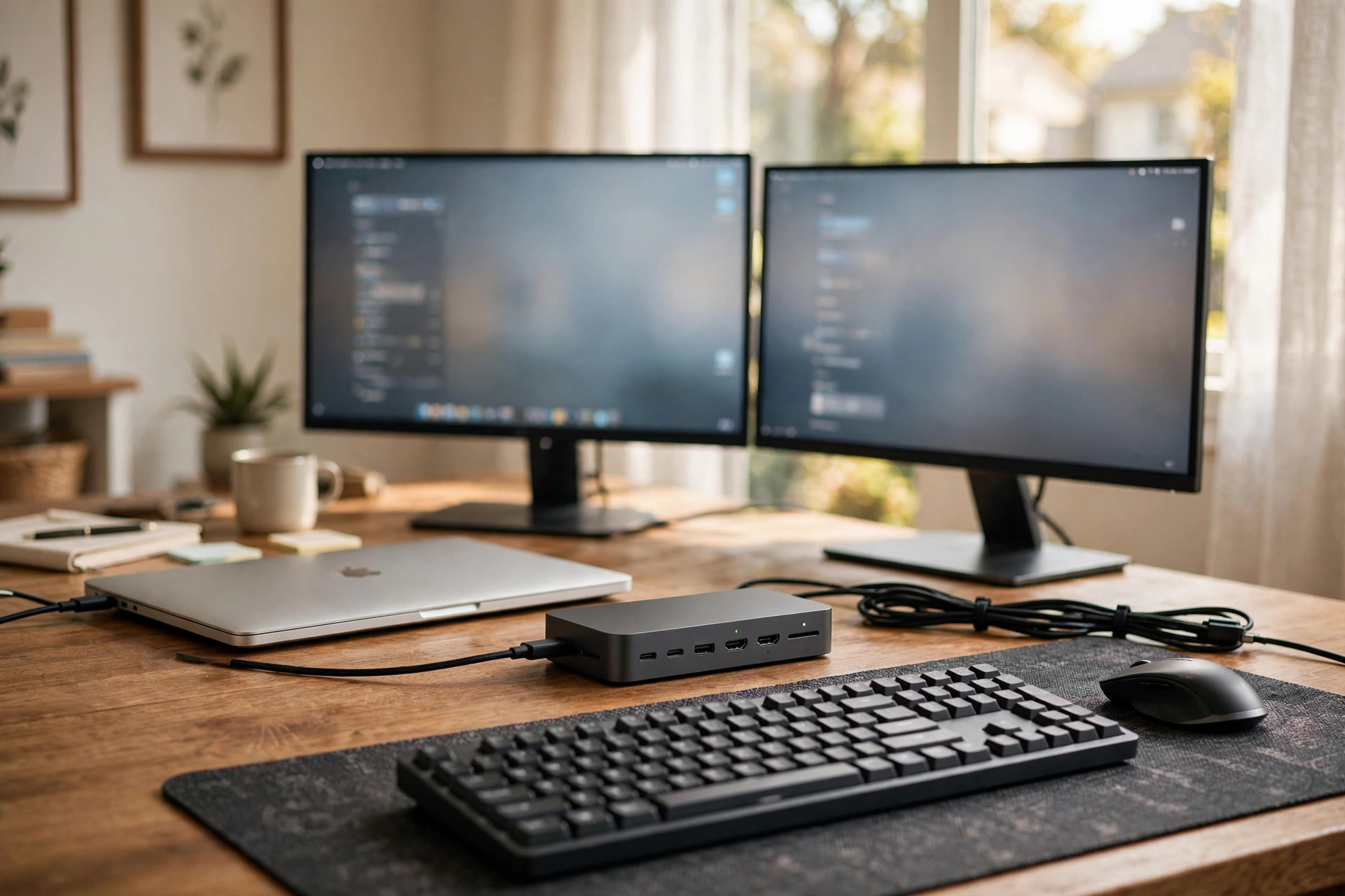 A USB C docking station for home office setup on a wooden desk, connecting a laptop to two monitors