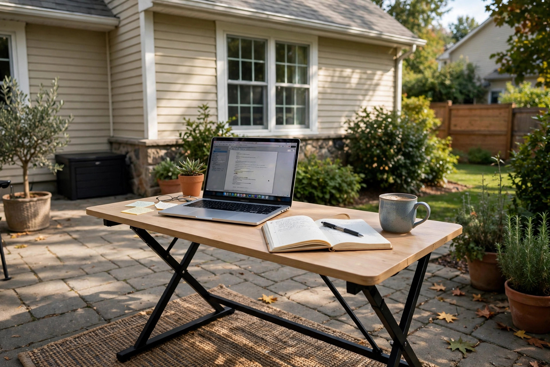 Portable standing desk for working from anywhere set up by a bright window