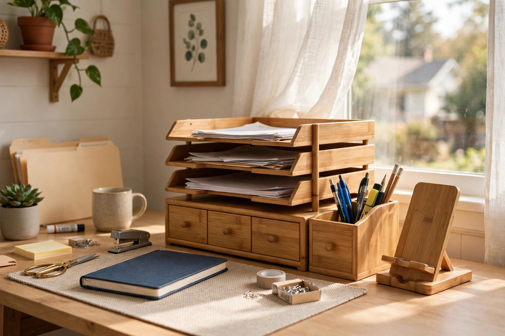 best desk organizer set for small office desk: A tidy small home office desk with a desk organizer set