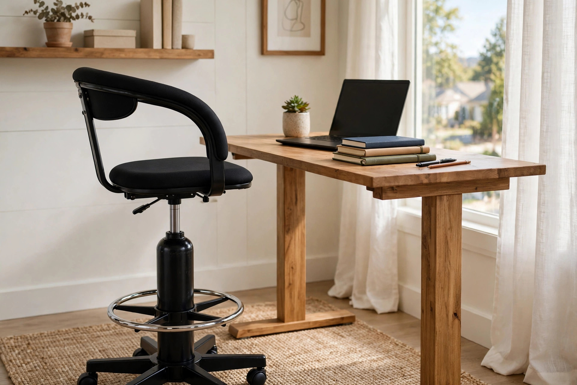 Adjustable drafting chair for tall desk users beside a tall studio desk, with a footrest ring and tall cylinder, in a bright home office