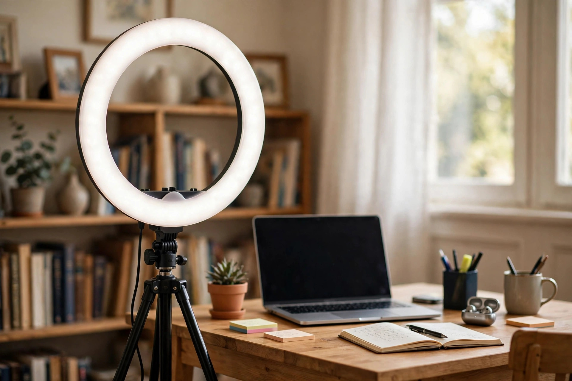 Ring light on a tripod glowing softly in front of a home office desk, best ring light for home office video calls setup