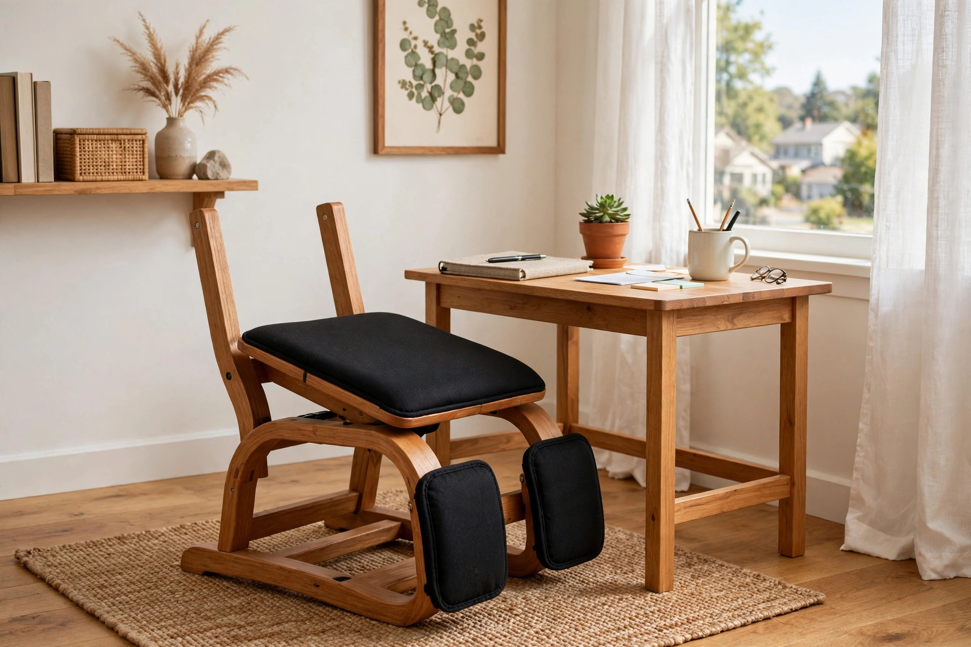 An ergonomic kneeling chair for home office desk setup in a bright home office