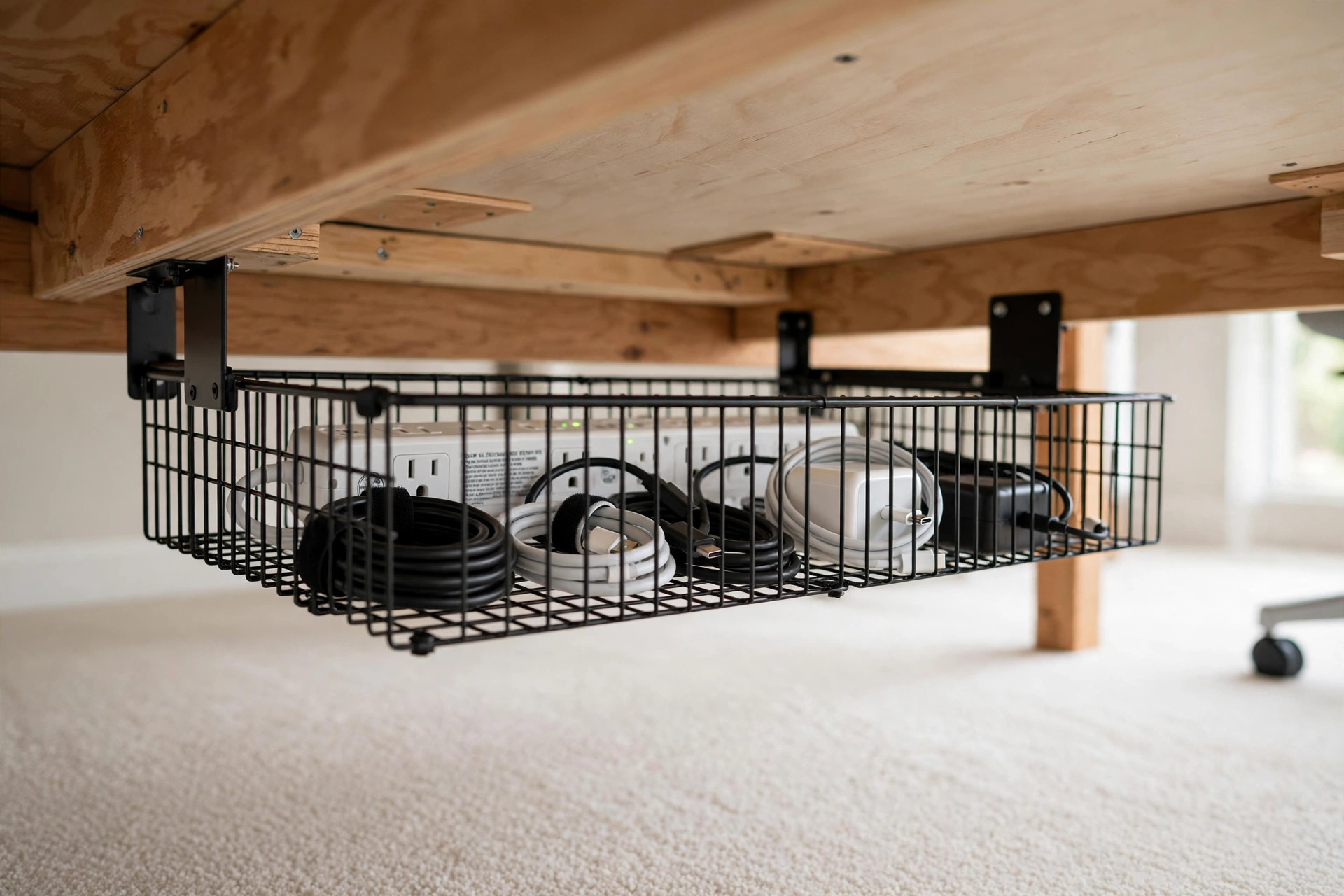under desk cable management tray for clean setup: An under desk cable management tray holding power strips and cords beneath a wooden desk