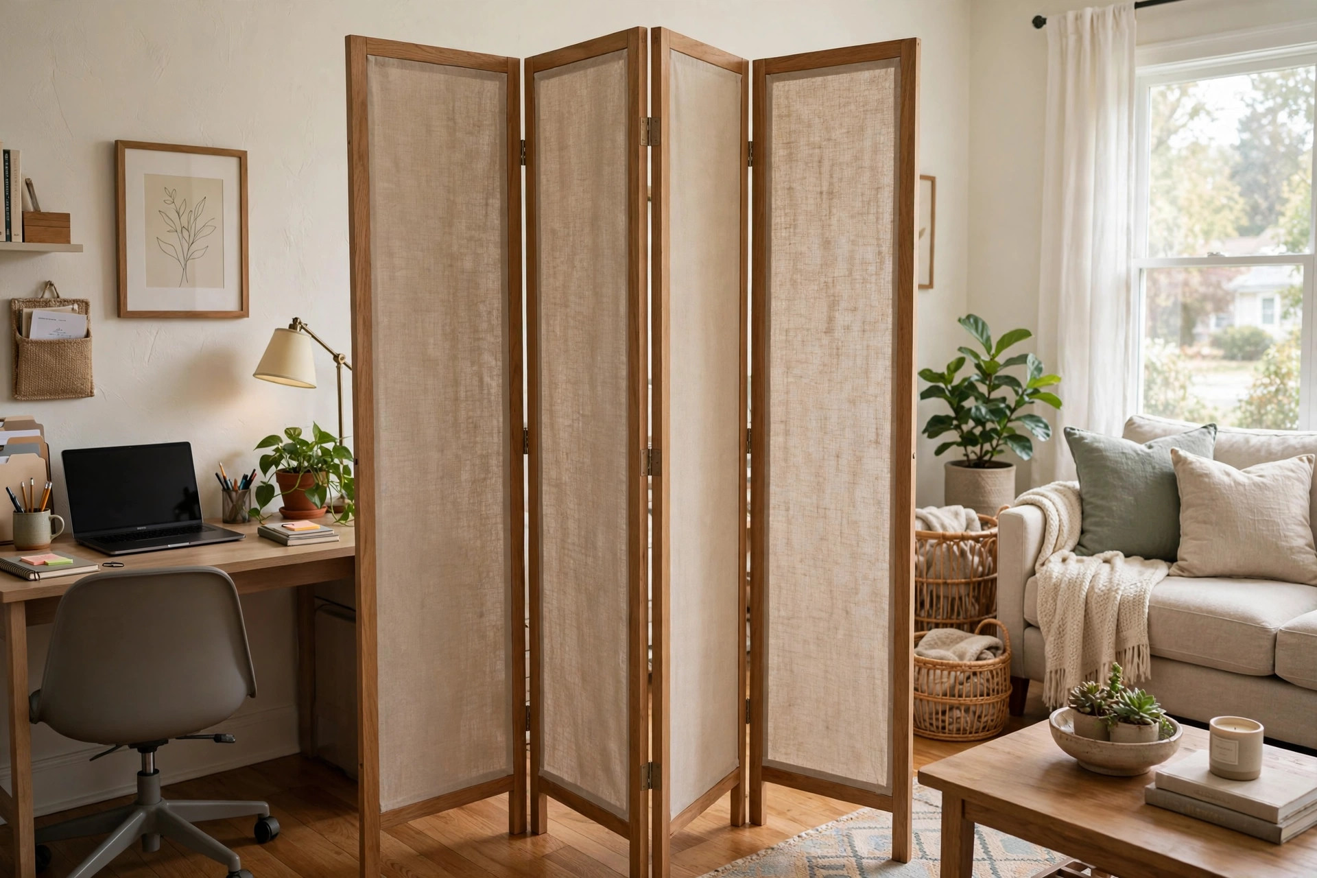 A home office partition divider for shared room use in a bright shared room