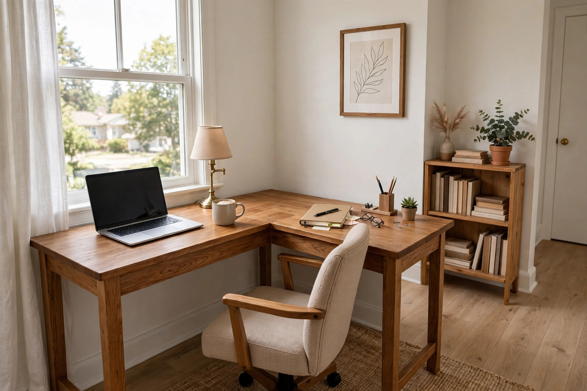 Small L shaped desk for corner home office in a bright spare bedroom