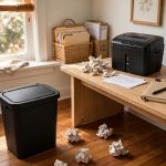 Home office trash can with lid for documents next to a desk