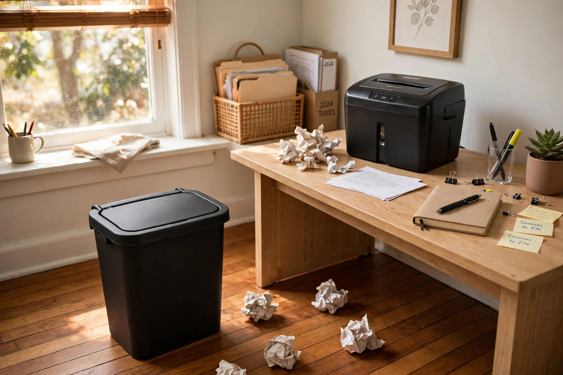 Home office trash can with lid for documents next to a desk