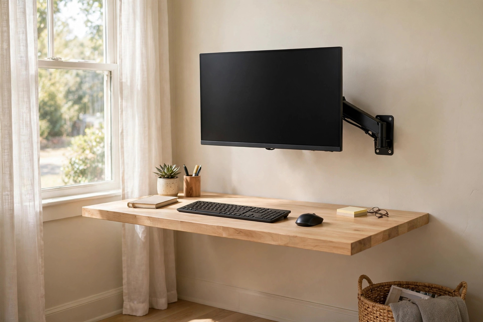 wall mounted monitor stand to save desk space in a small home office