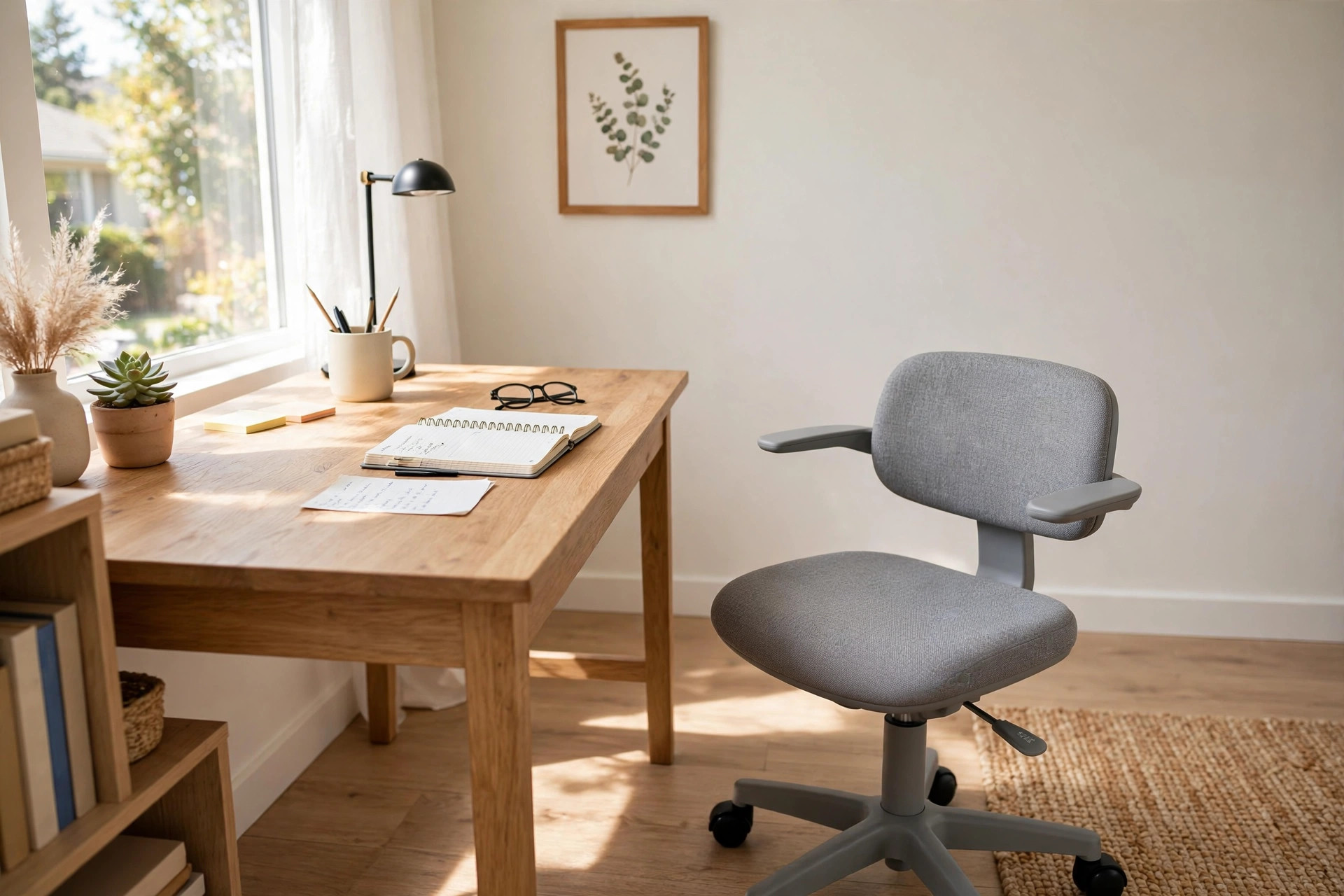 best home office chair for petite women: Petite ergonomic home office chair in a bright home workspace